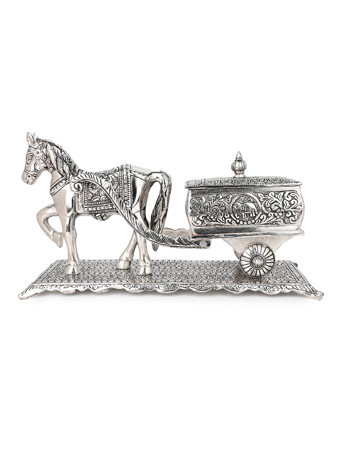 Horse cart design oxidised silver finish metal serving case - 14 inches