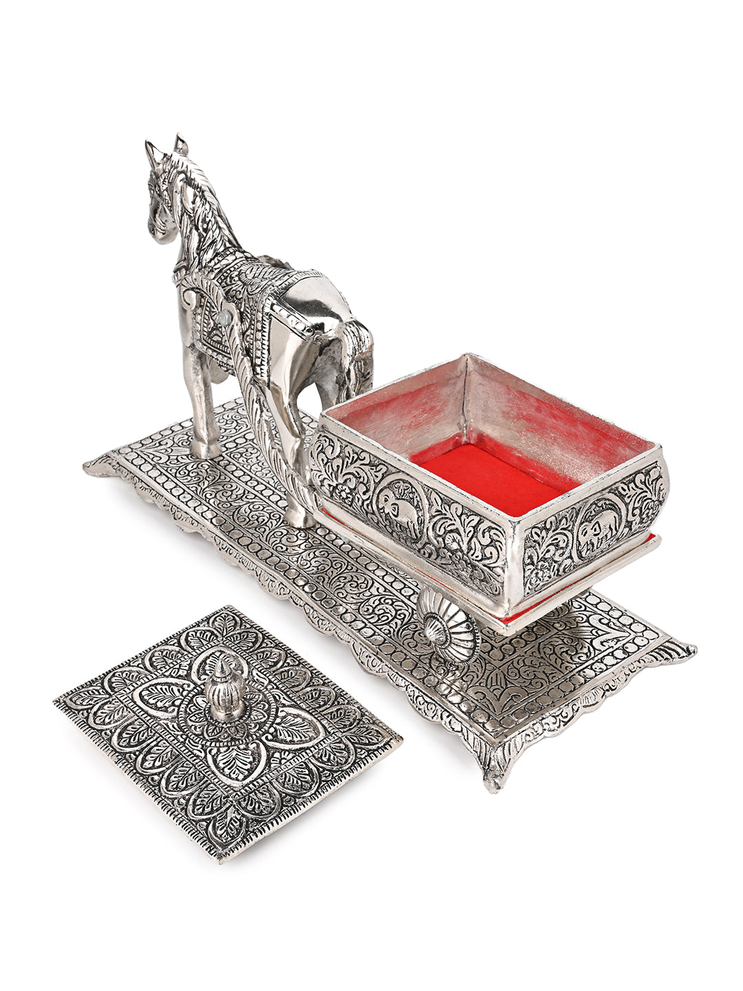 Horse cart design oxidised silver finish metal serving case - 14 inches