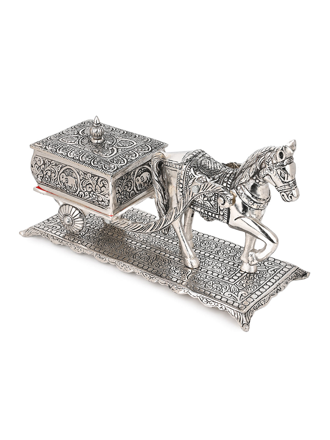 Horse cart design oxidised silver finish metal serving case - 14 inches
