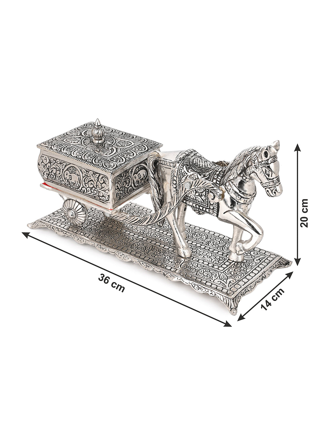 Horse cart design oxidised silver finish metal serving case - 14 inches