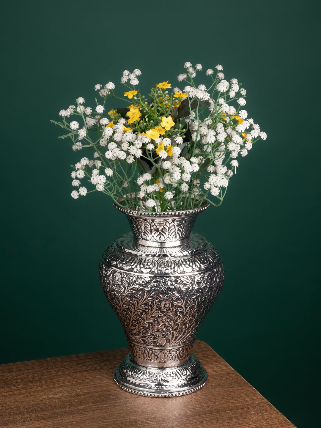Exclusively handcrafted oxidised silver flower vase for home office decor - 10 inches