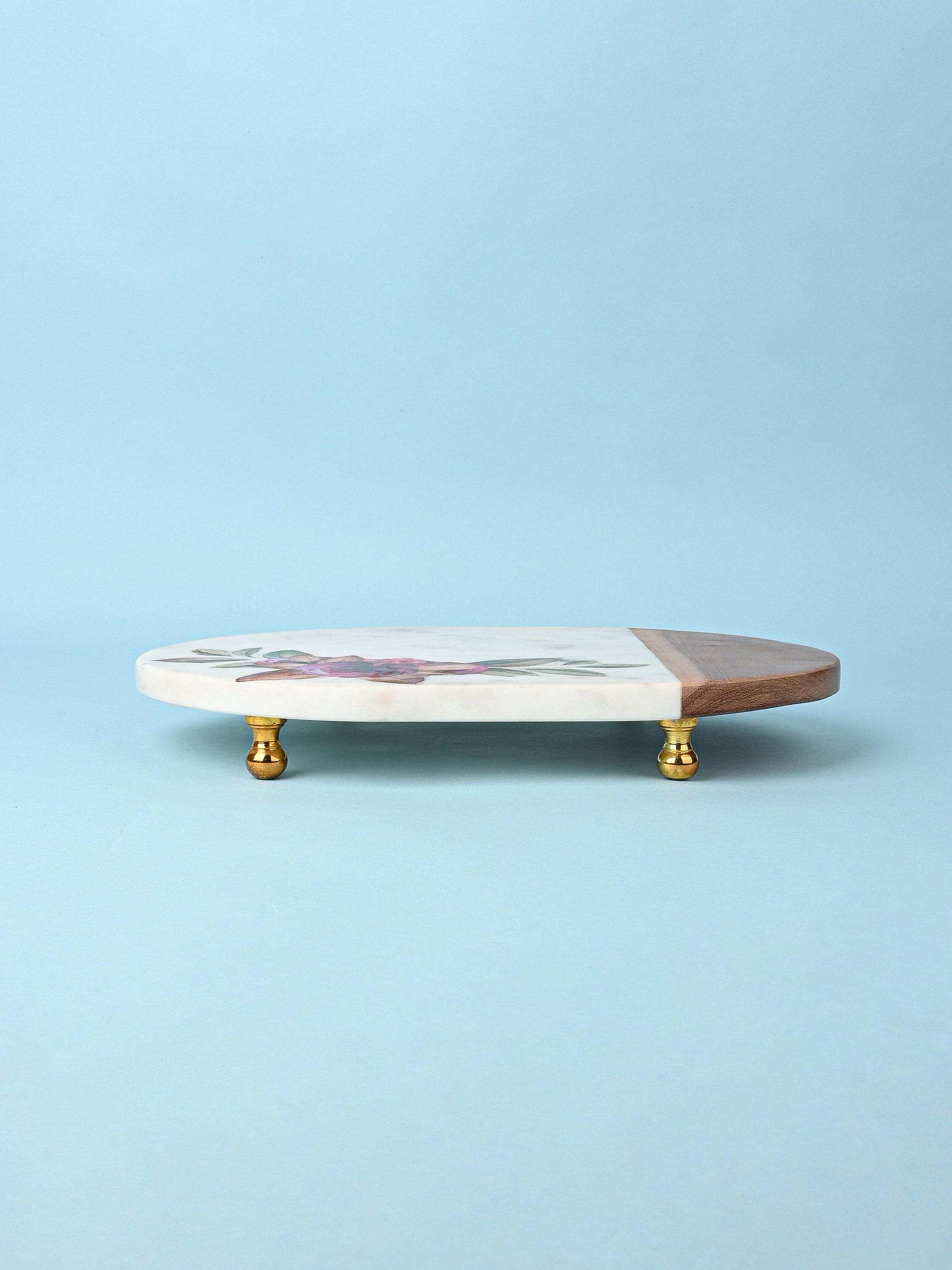 Printed Serving Tray Made of Marble and Wood with Stylish Metal Legs