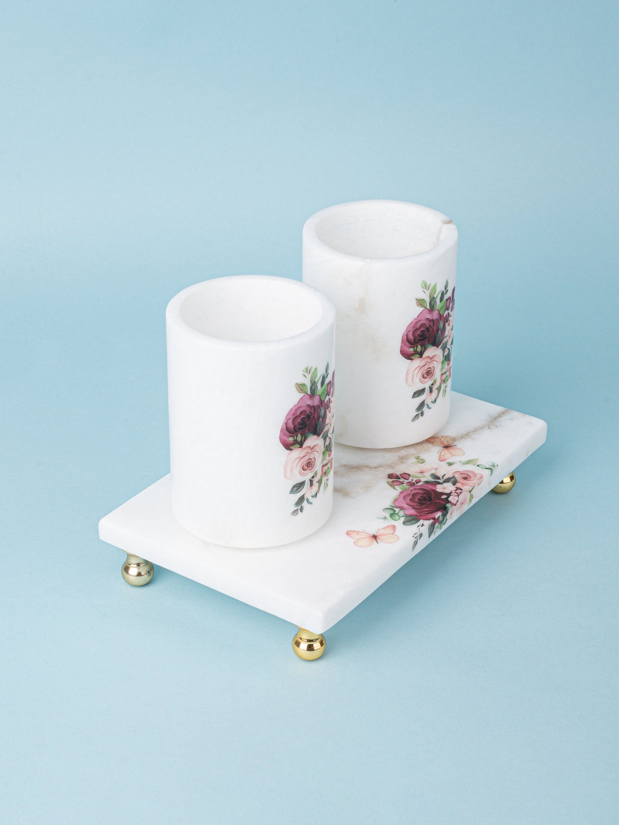 Marble Printed Set of 2 Cutlery Holder on a Rectangular Plate with Golden Legs
