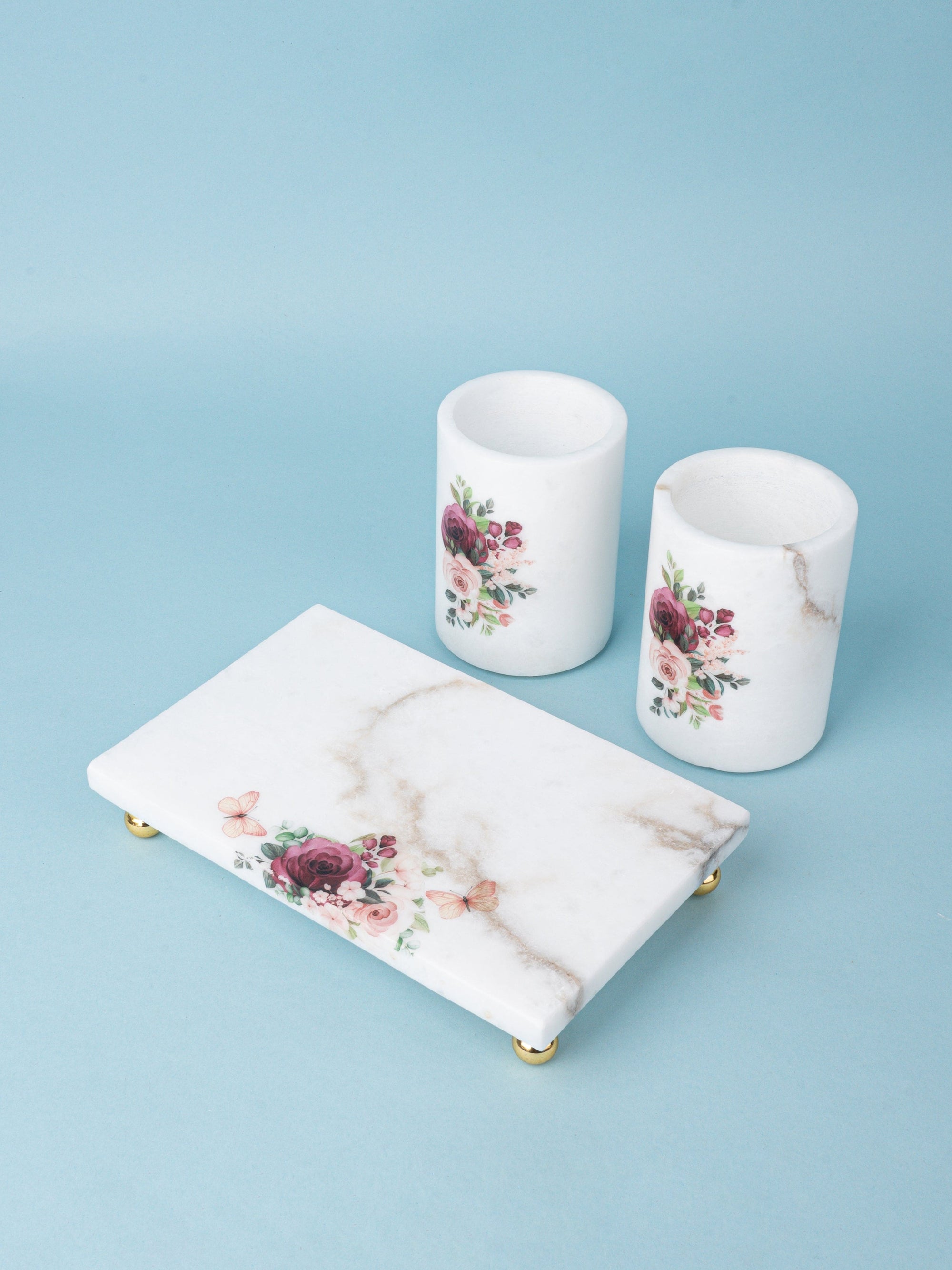 Marble Printed Set of 2 Cutlery Holder on a Rectangular Plate with Golden Legs