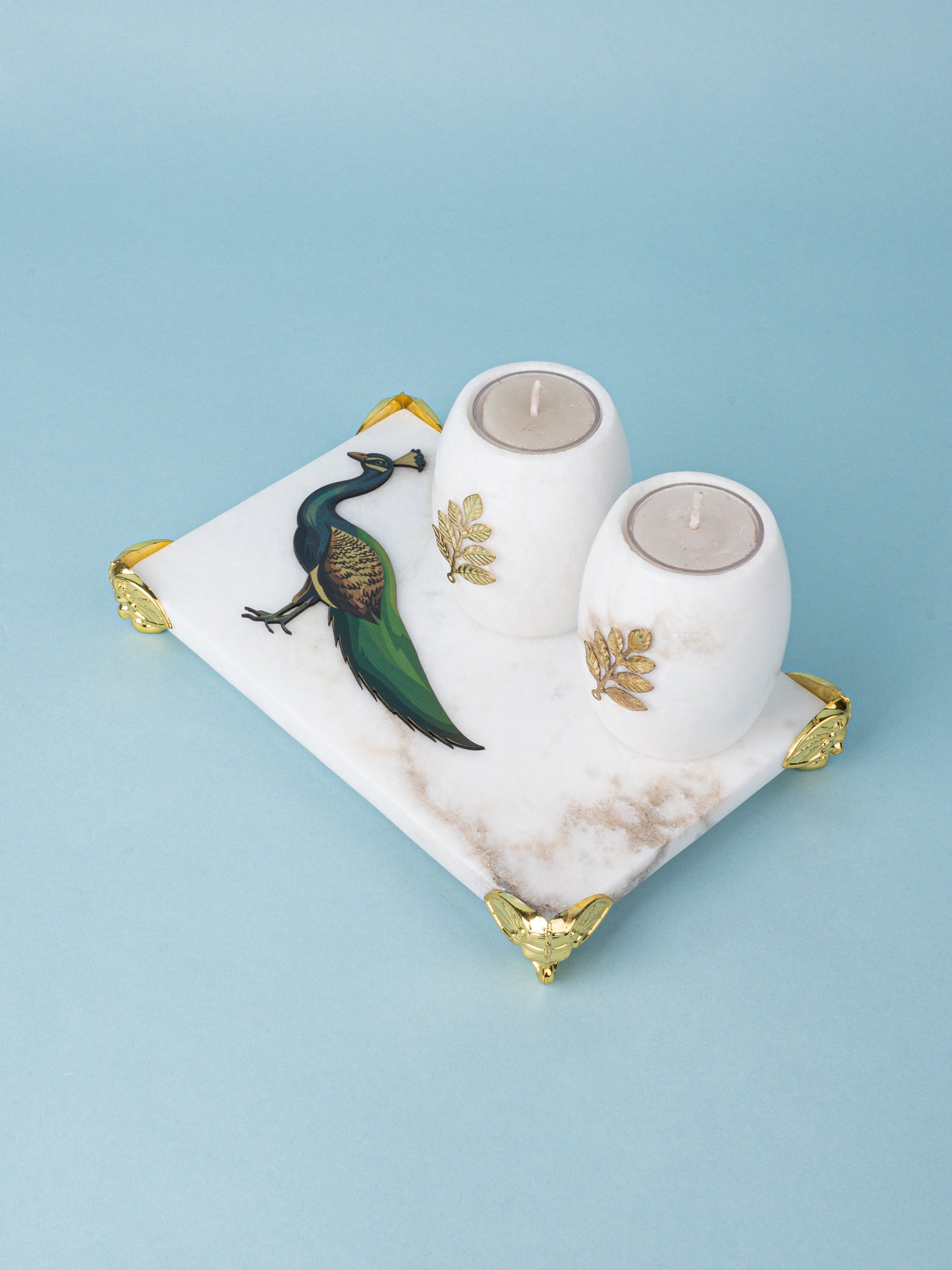 Set of 2 Tea light Candle Holders in a Rectangular Peacock Tray with Golden Legs