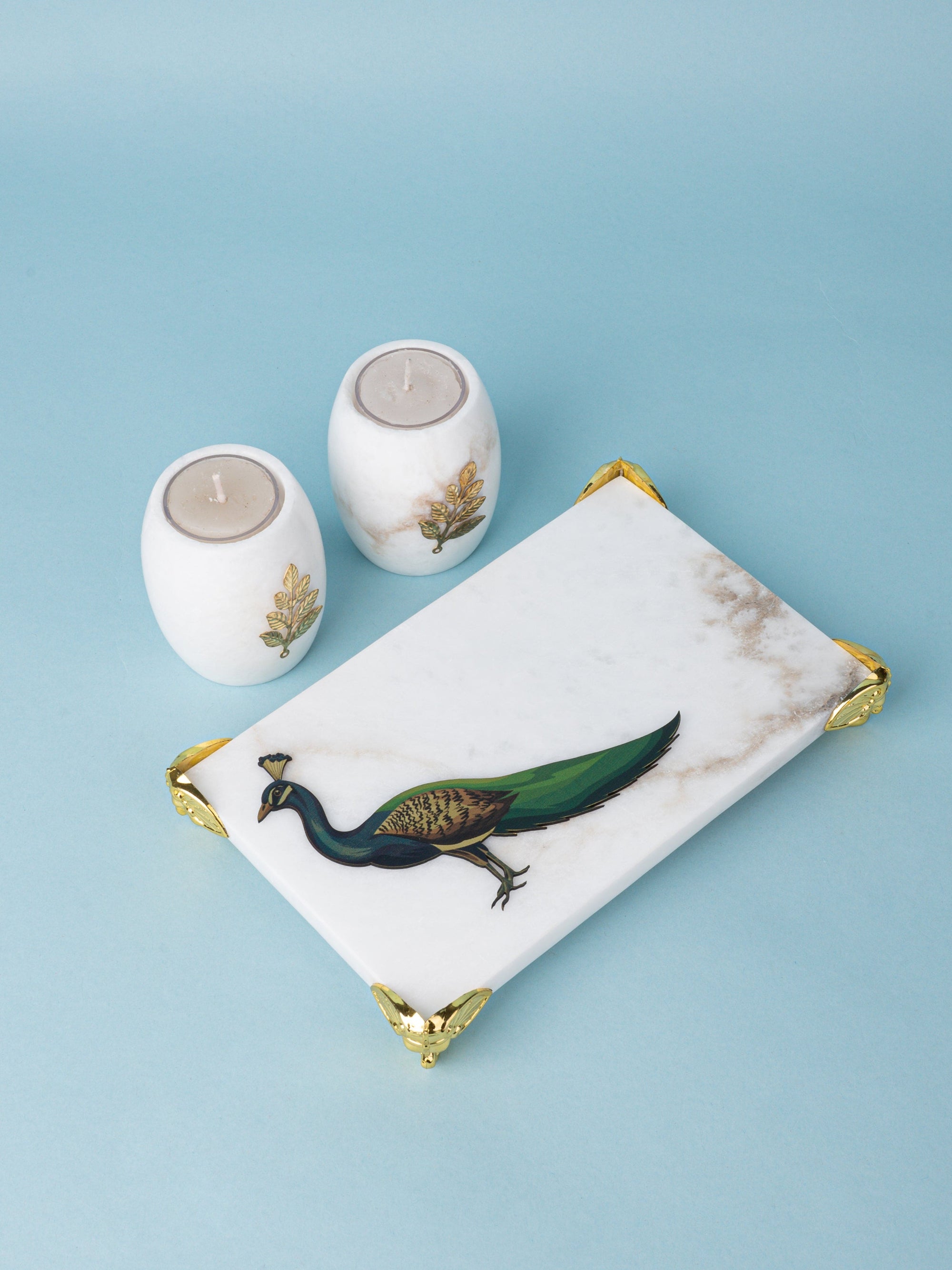 Set of 2 Tea light Candle Holders in a Rectangular Peacock Tray with Golden Legs