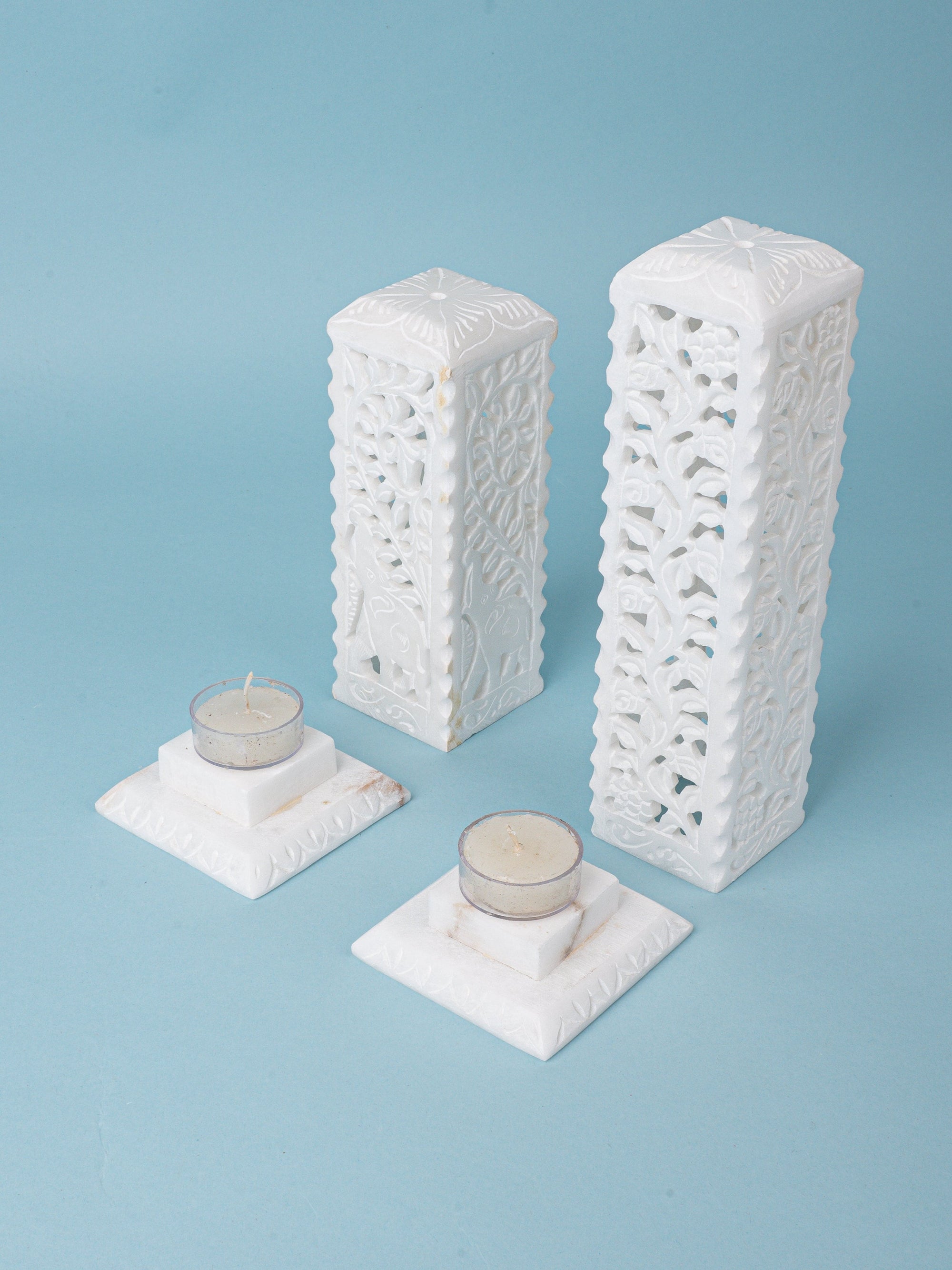 Set of 2 Beautiful Candle Covers Hand Carved of White Marble Stone