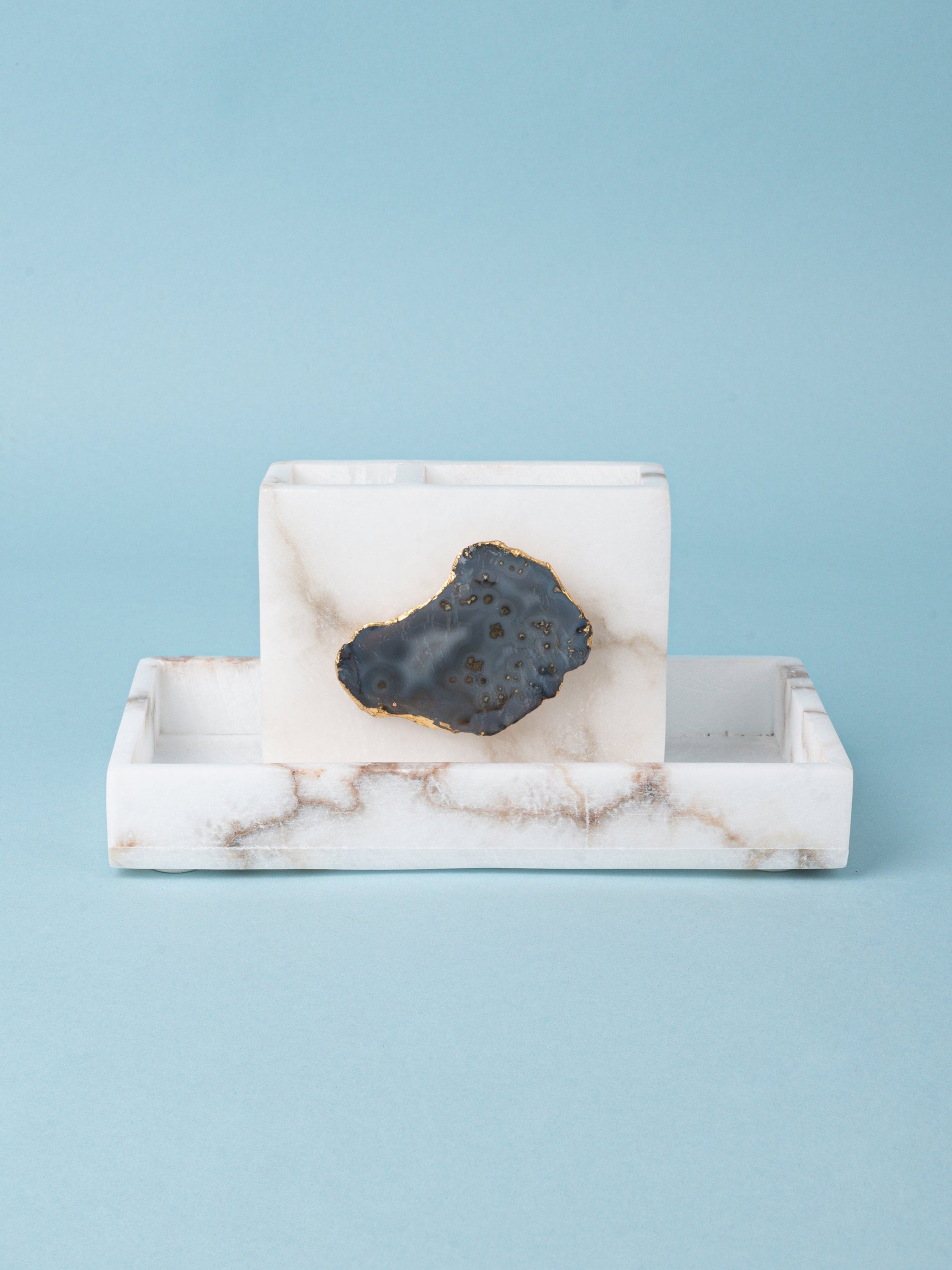2 Sectional Pen Stand with Agate Stone Design on a Rectangular Tray - Office Organiser