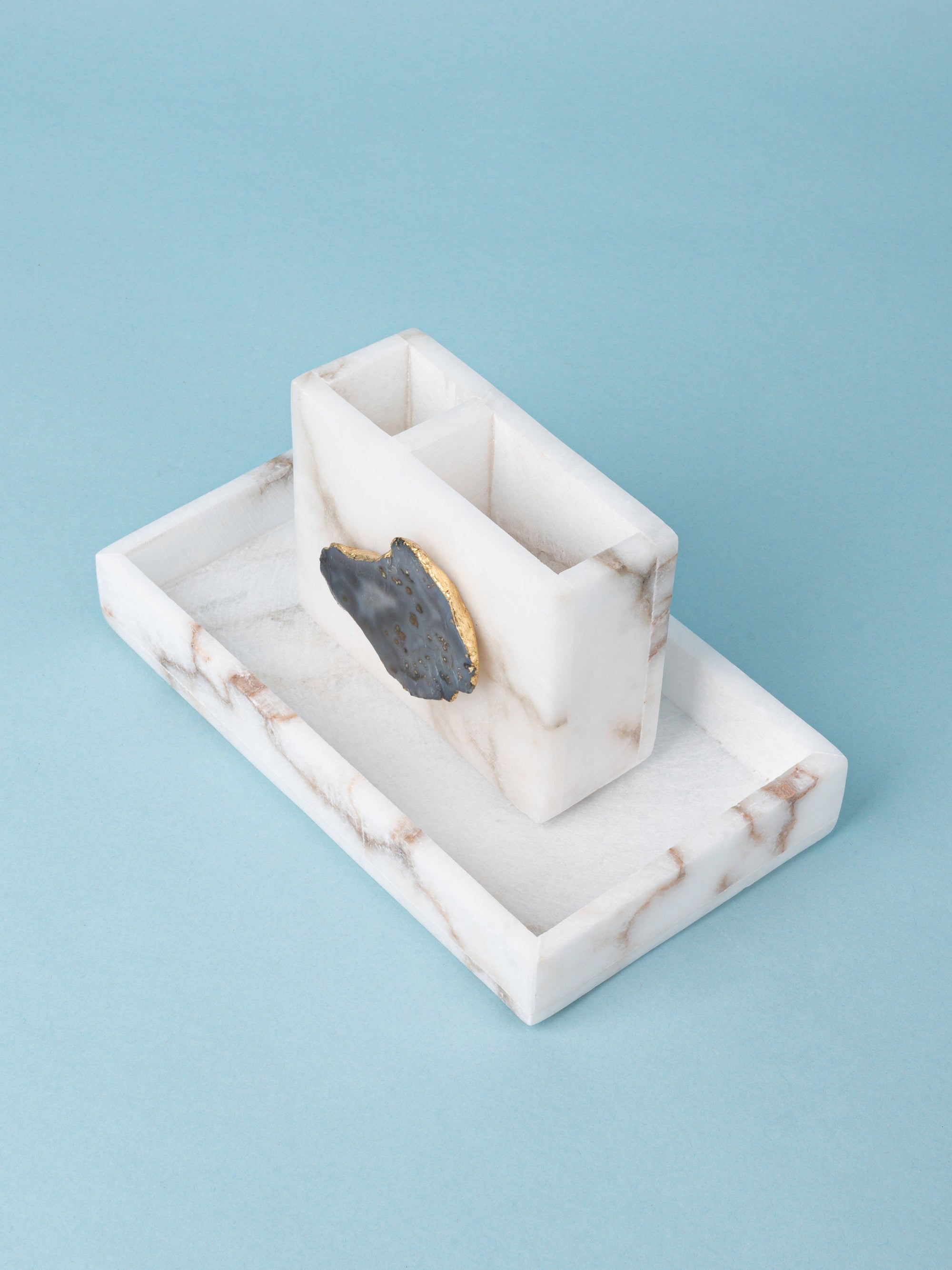 2 Sectional Pen Stand with Agate Stone Design on a Rectangular Tray - Office Organiser