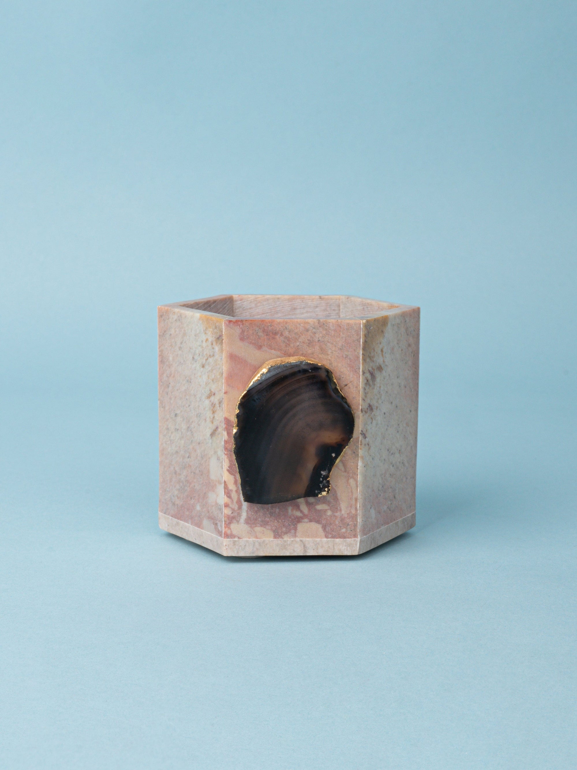 Hexagonal Stone Carved Pen / Pencil Stand Decorated with Agate Stone