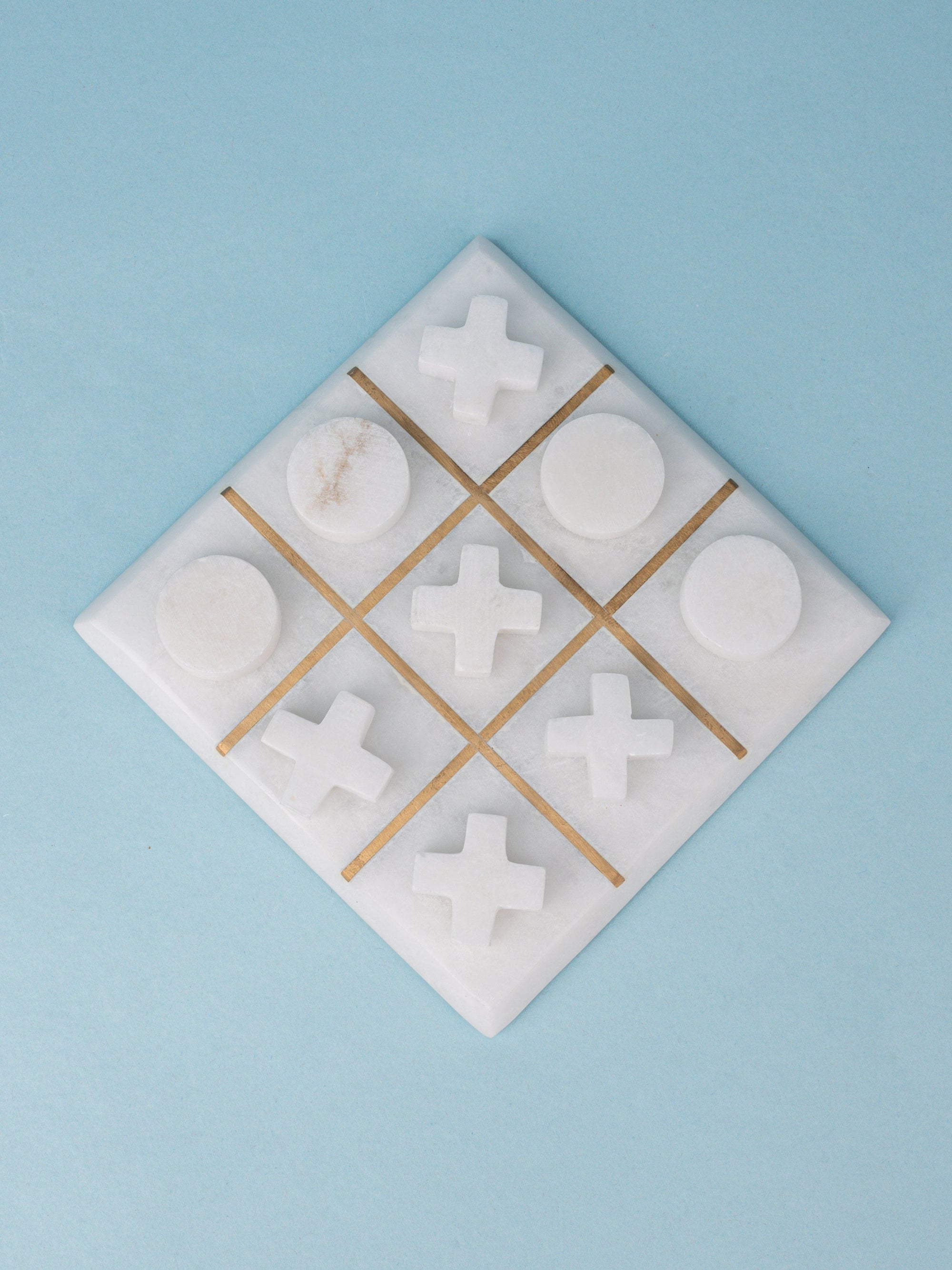 White Marble Tic Tac Toe with Brass Inlay Partitions