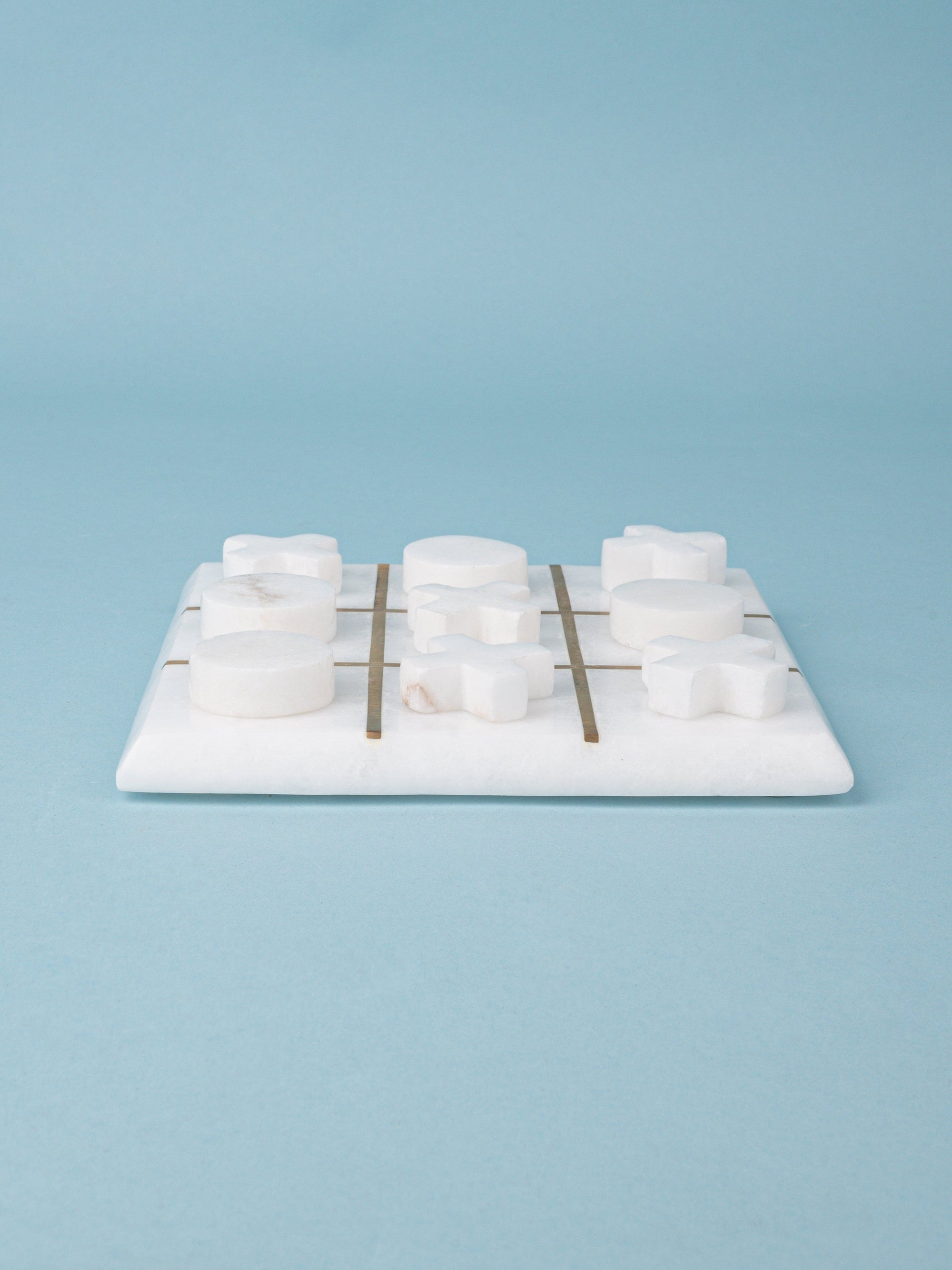White Marble Tic Tac Toe with Brass Inlay Partitions