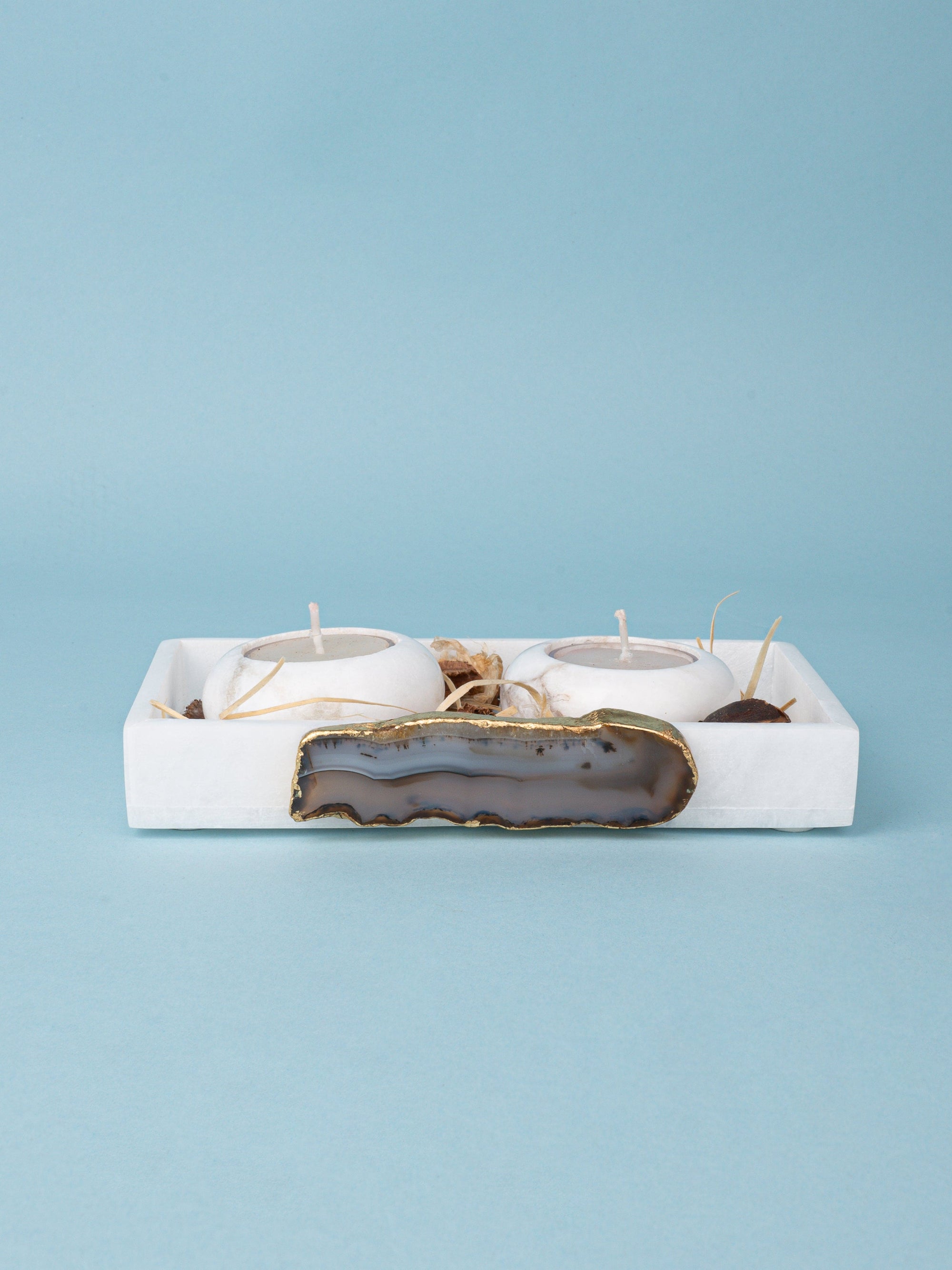 Set of 2 Round T Light Candle Holder on  a Rectangular Tray