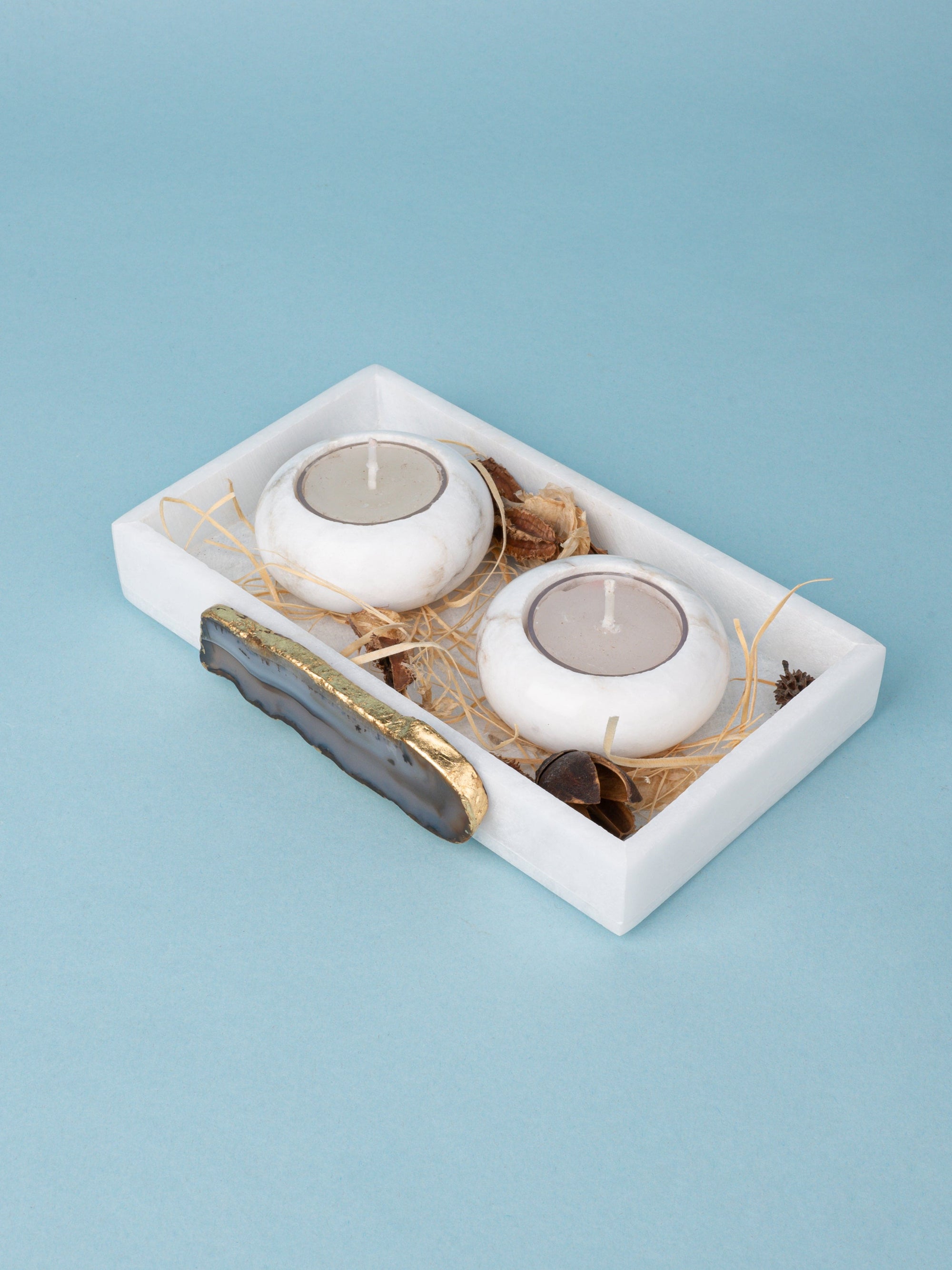Set of 2 Round T Light Candle Holder on  a Rectangular Tray