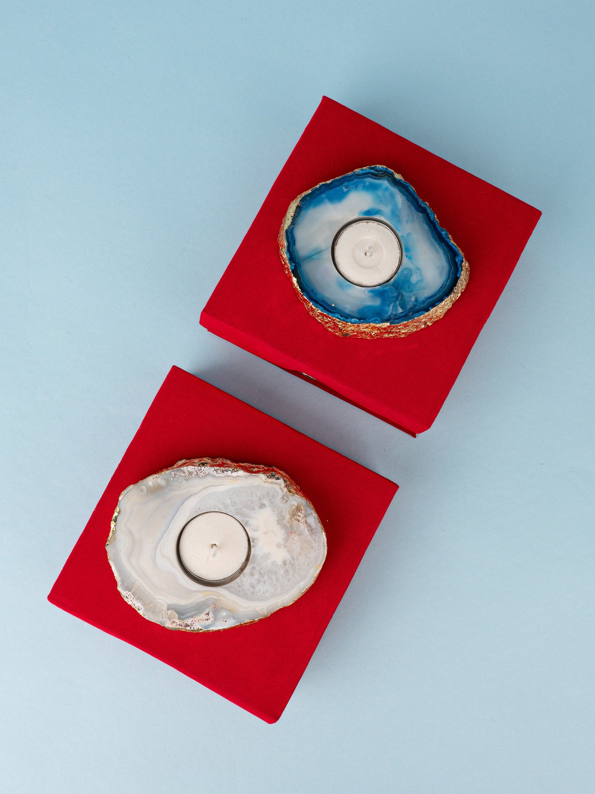Set of 2 T Light Candle Holders Made in Colorful Agate Stone, Comes in a Gift Box