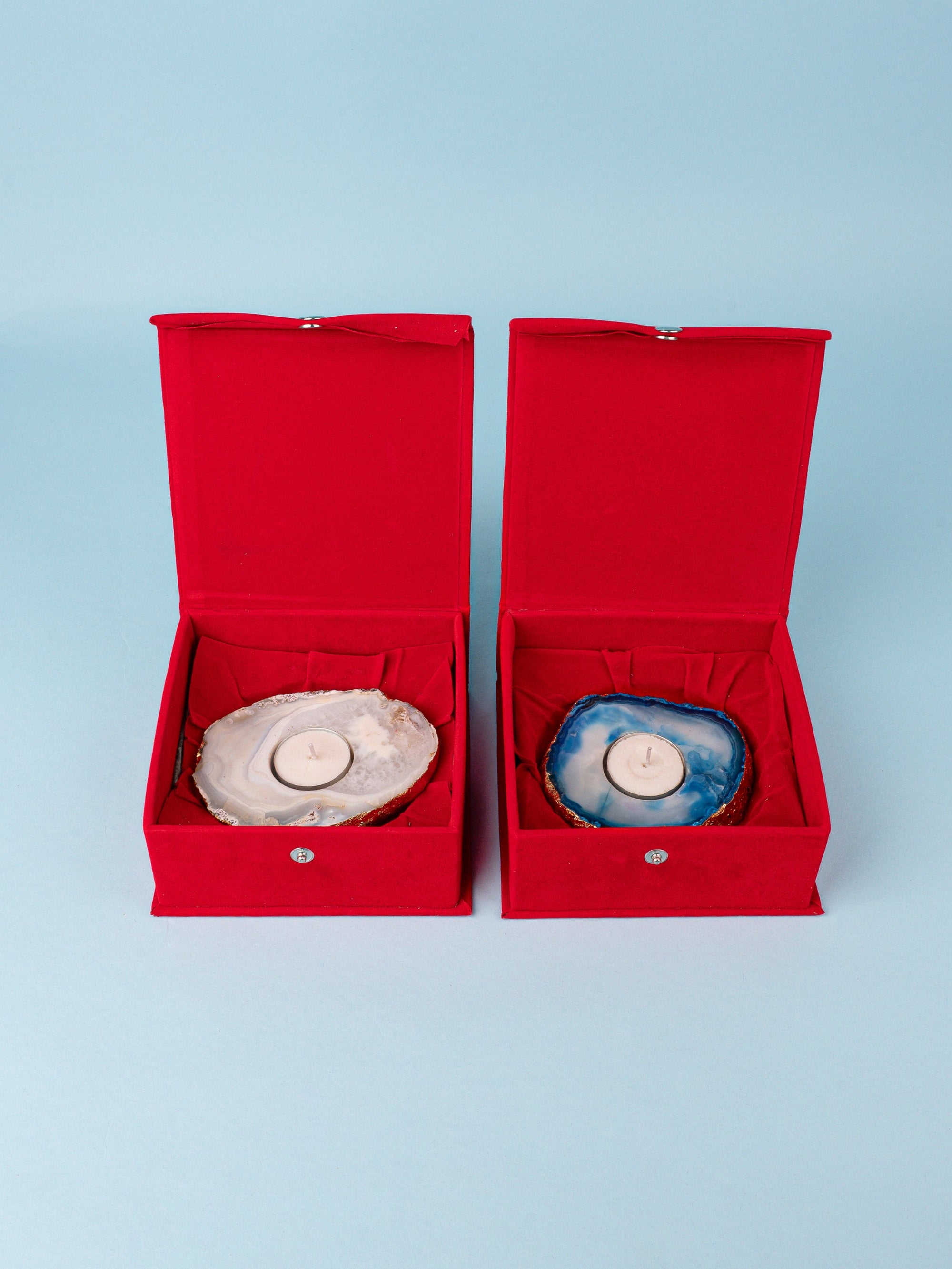 Set of 2 T Light Candle Holders Made in Colorful Agate Stone, Comes in a Gift Box