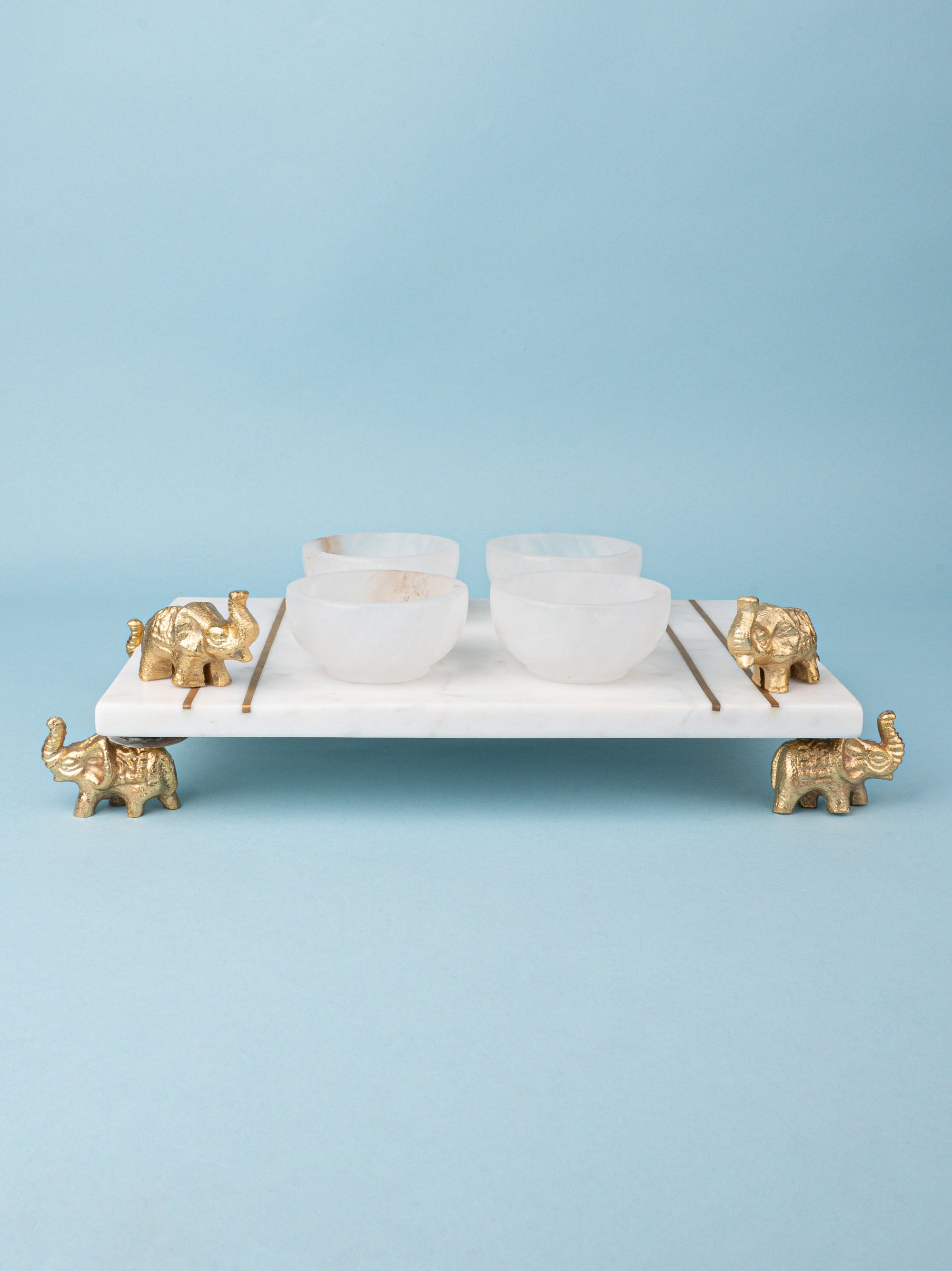 4 pieces Serving Bowl in a Brass Inlaid Stand with Elephant Design Legs