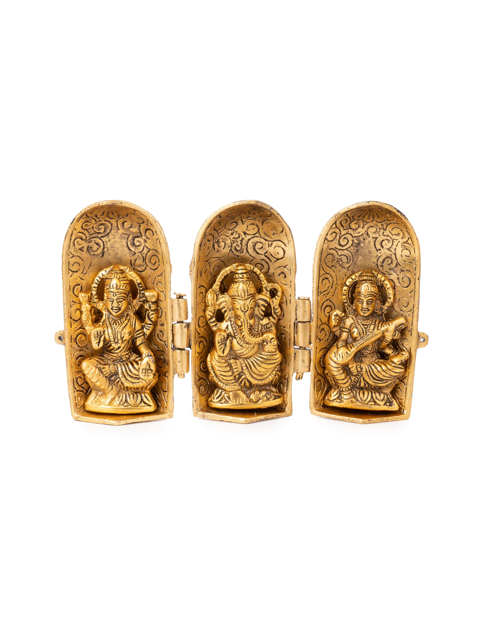 Metal Round Folded Temple, Laxmi Ganesh Saraswati Darbar Decorative Showpiece