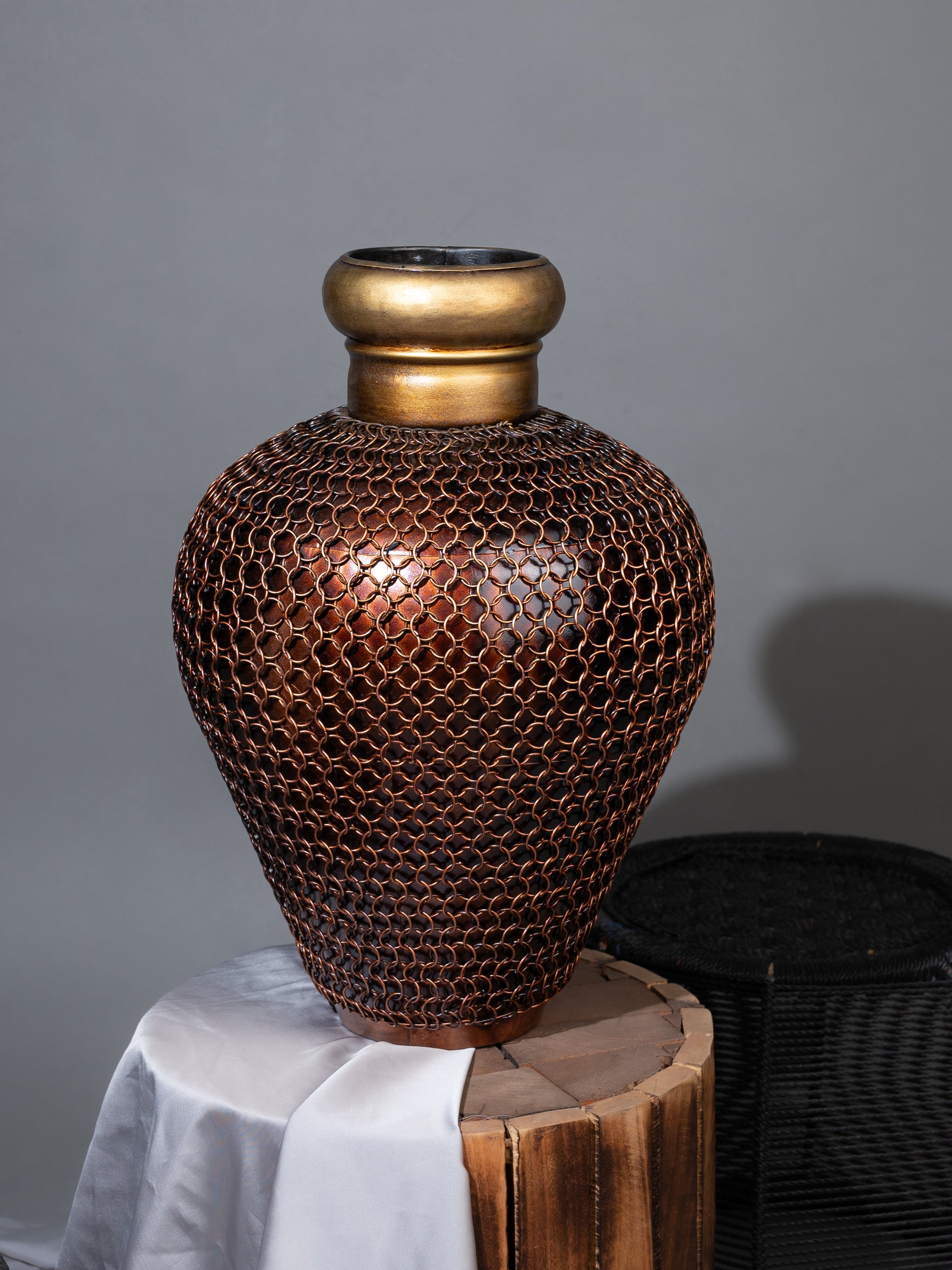 Dual Tone Metal Pot Covered with Chain Mesh for Home Decor - 16 inches