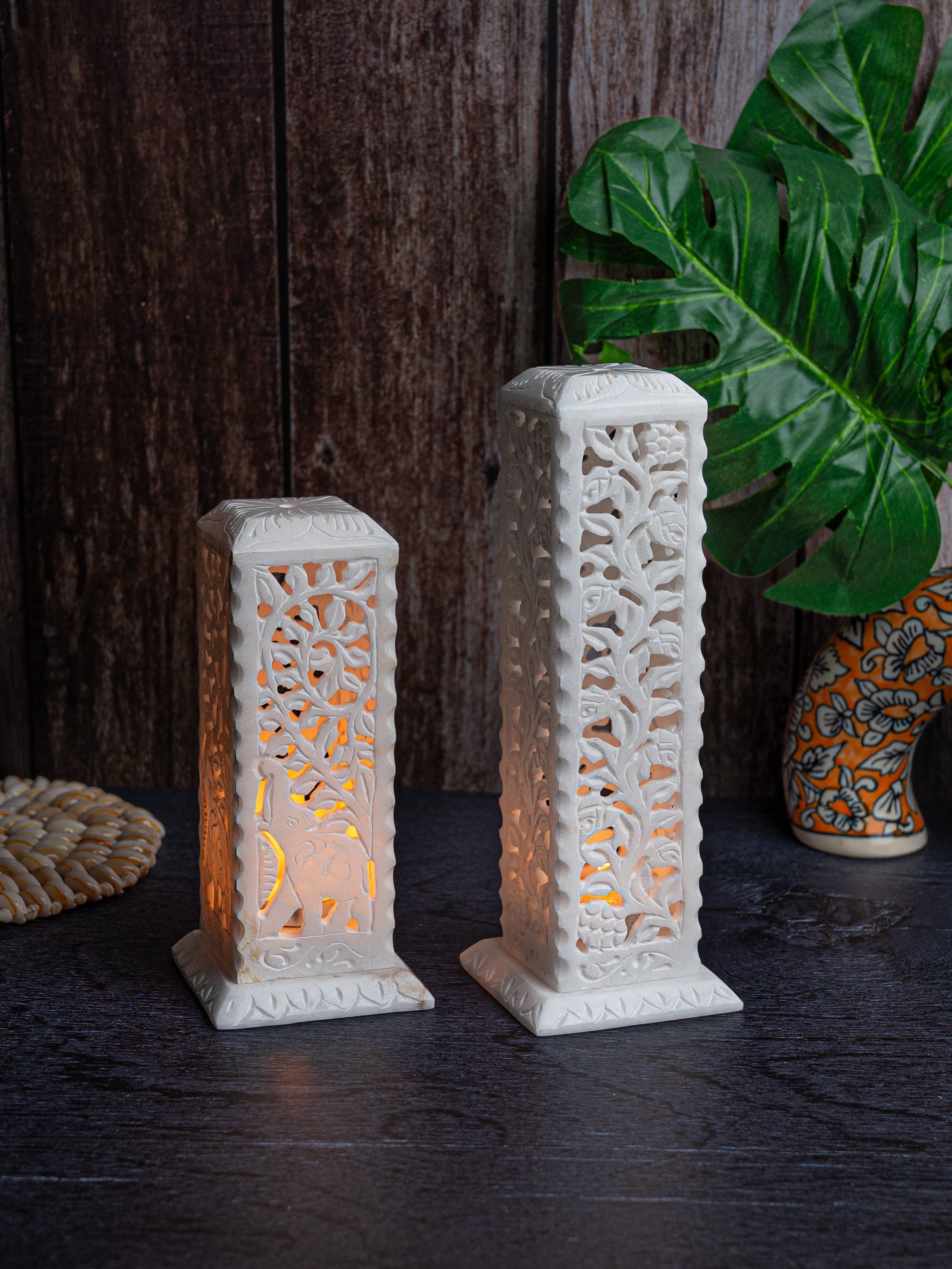 Set of 2 Beautiful Candle Covers Hand Carved of White Marble Stone