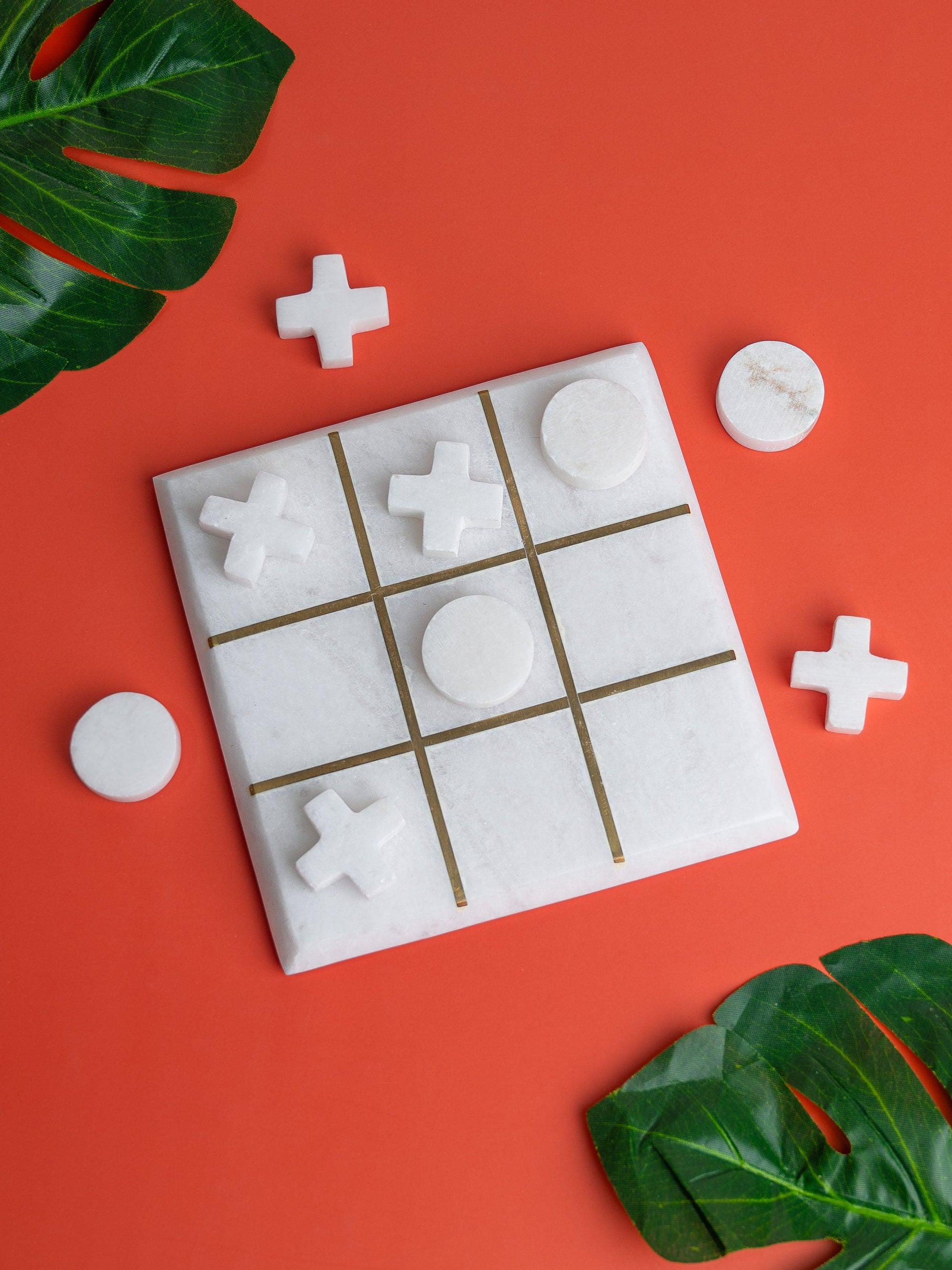 White Marble Tic Tac Toe with Brass Inlay Partitions