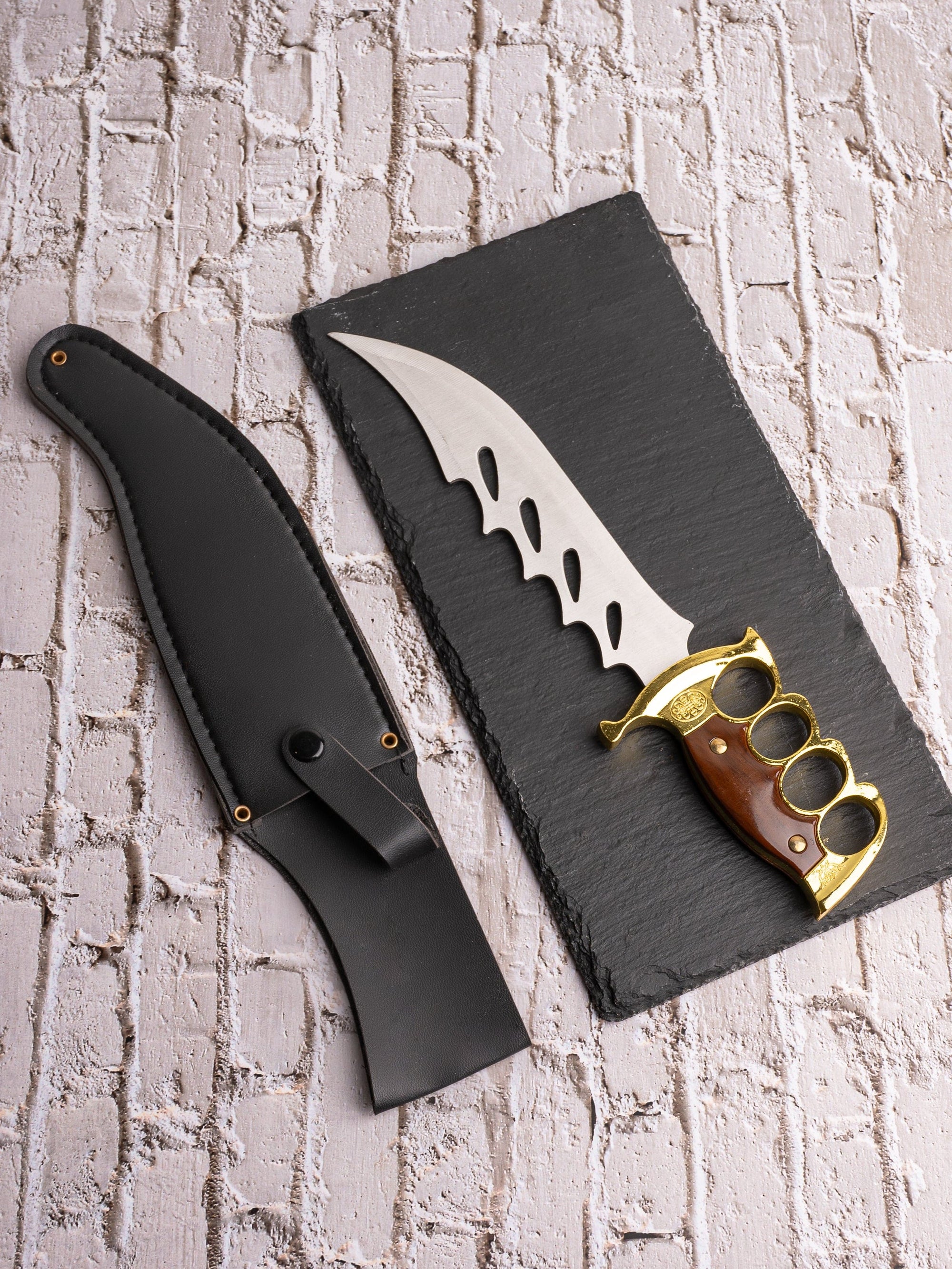 12" Hunting Knife / Dagger in a Black Leather Case with Golden Grip Handle for Home Decor