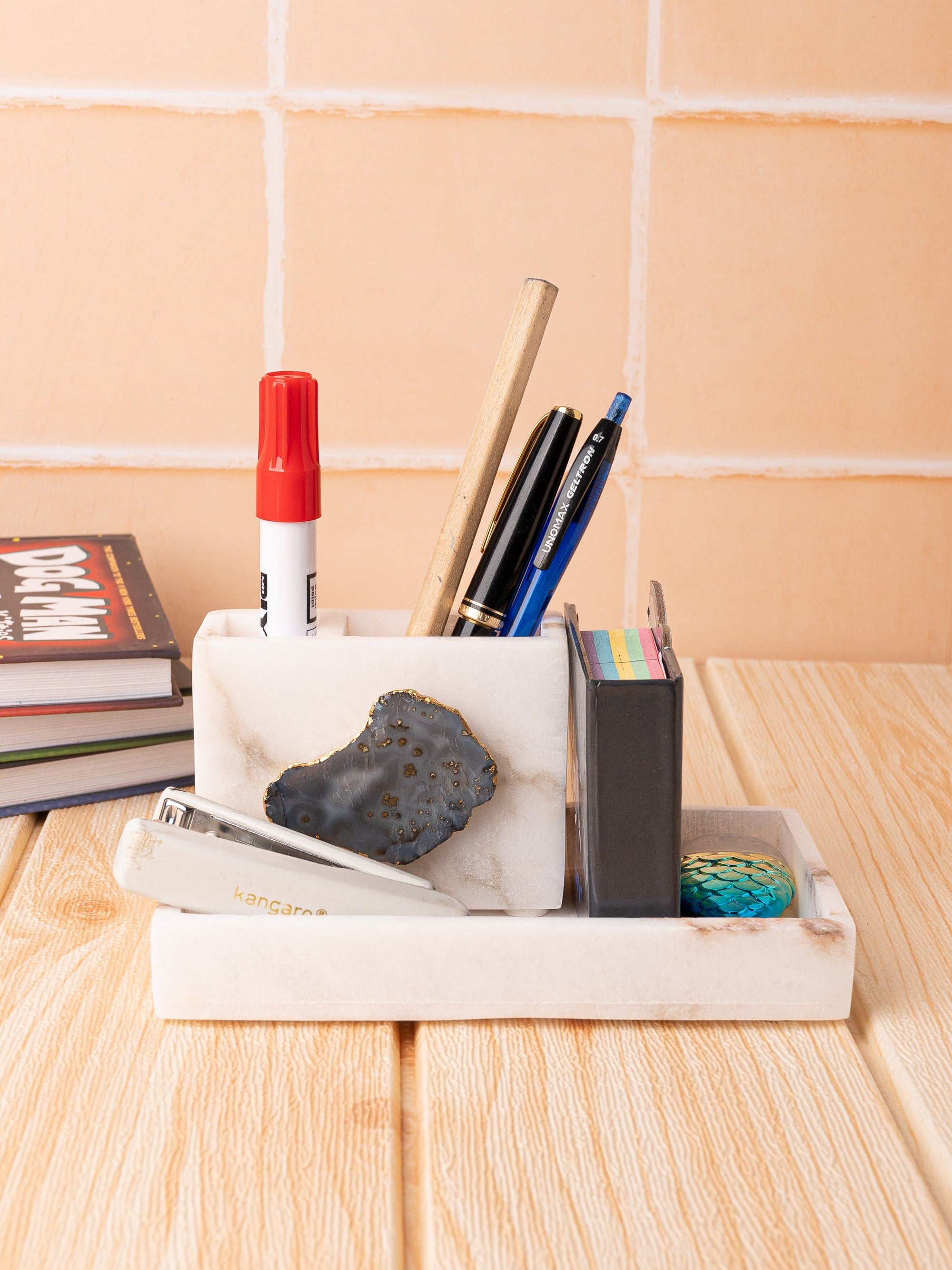2 Sectional Pen Stand with Agate Stone Design on a Rectangular Tray - Office Organiser
