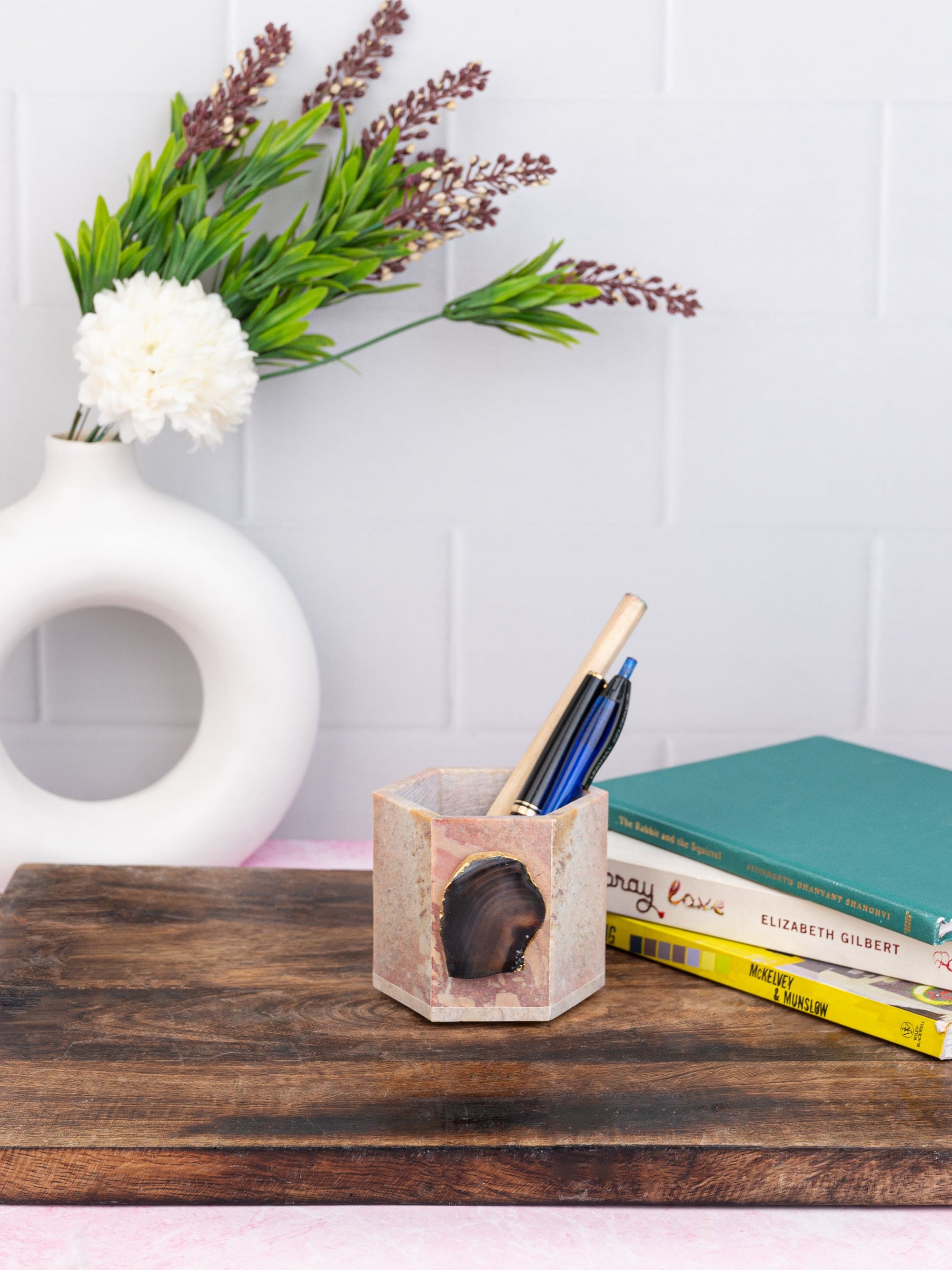 Hexagonal Stone Carved Pen / Pencil Stand Decorated with Agate Stone