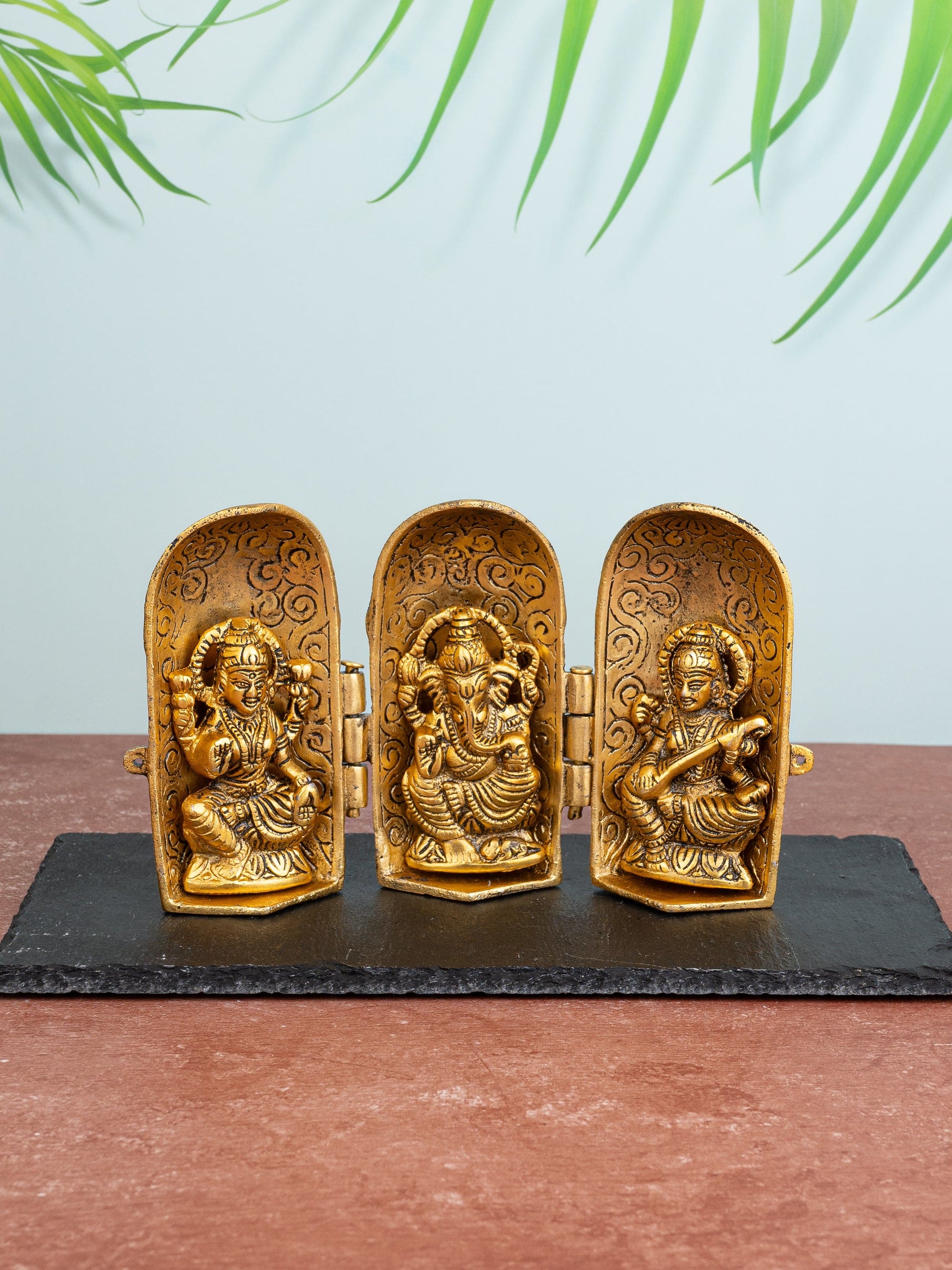 Metal Round Folded Temple, Laxmi Ganesh Saraswati Darbar Decorative Showpiece