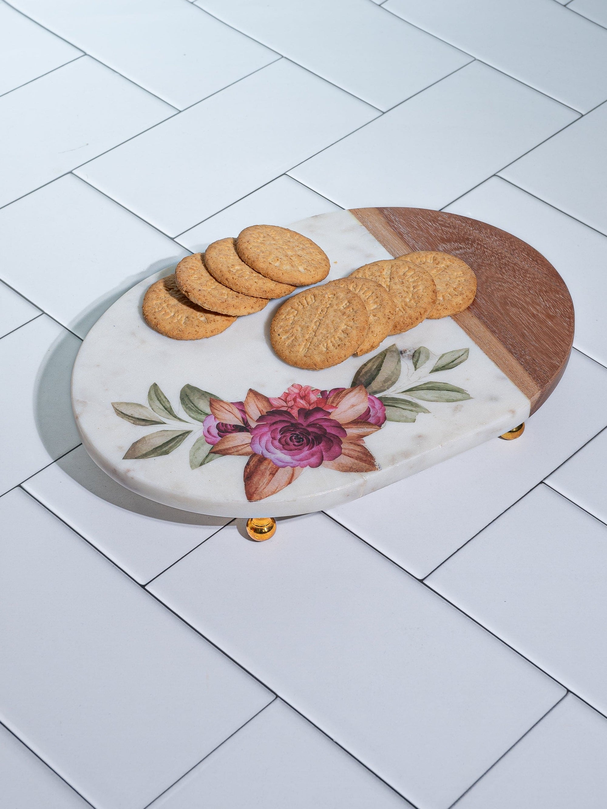 Printed Serving Tray Made of Marble and Wood with Stylish Metal Legs