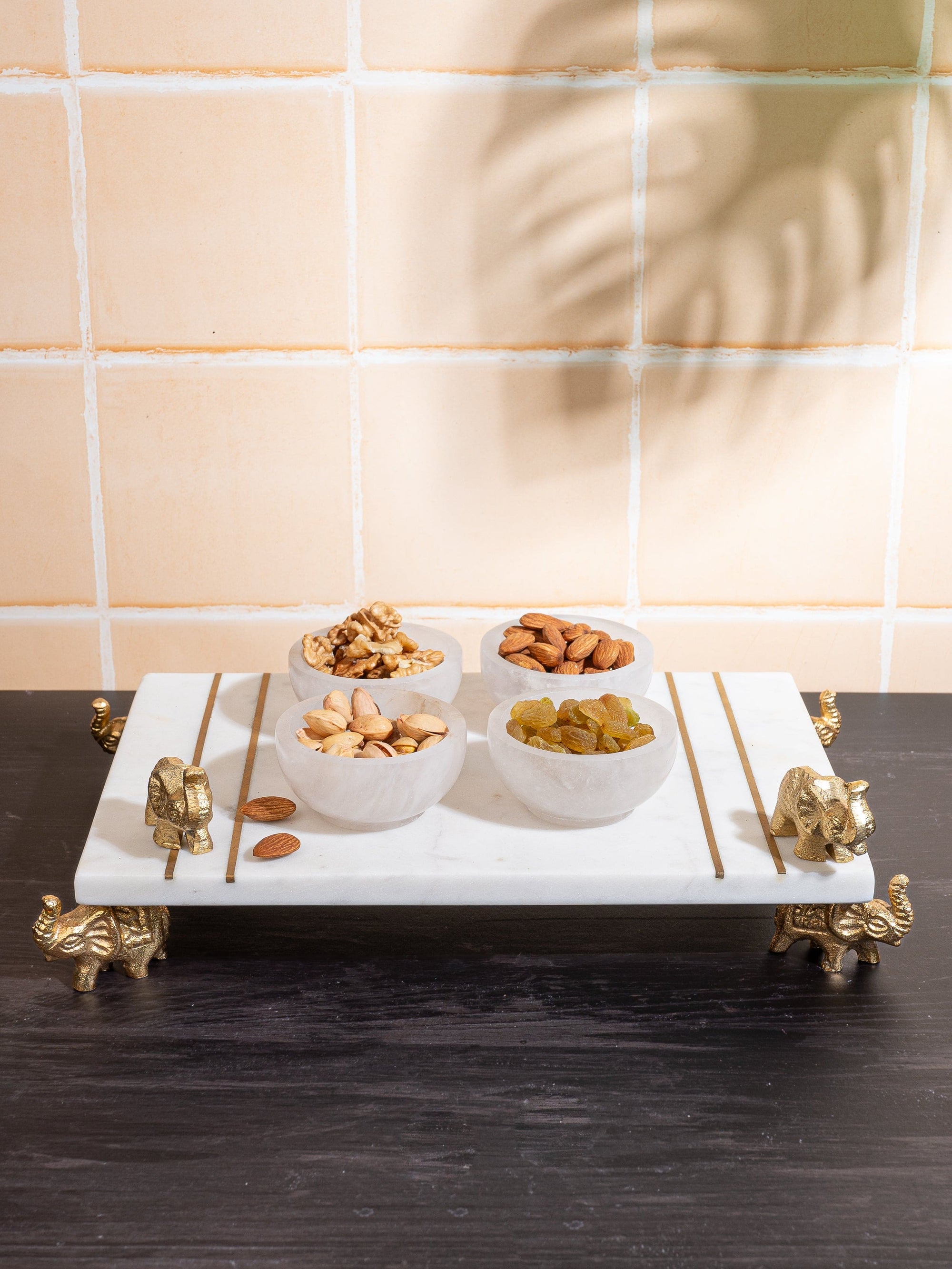 4 pieces Serving Bowl in a Brass Inlaid Stand with Elephant Design Legs