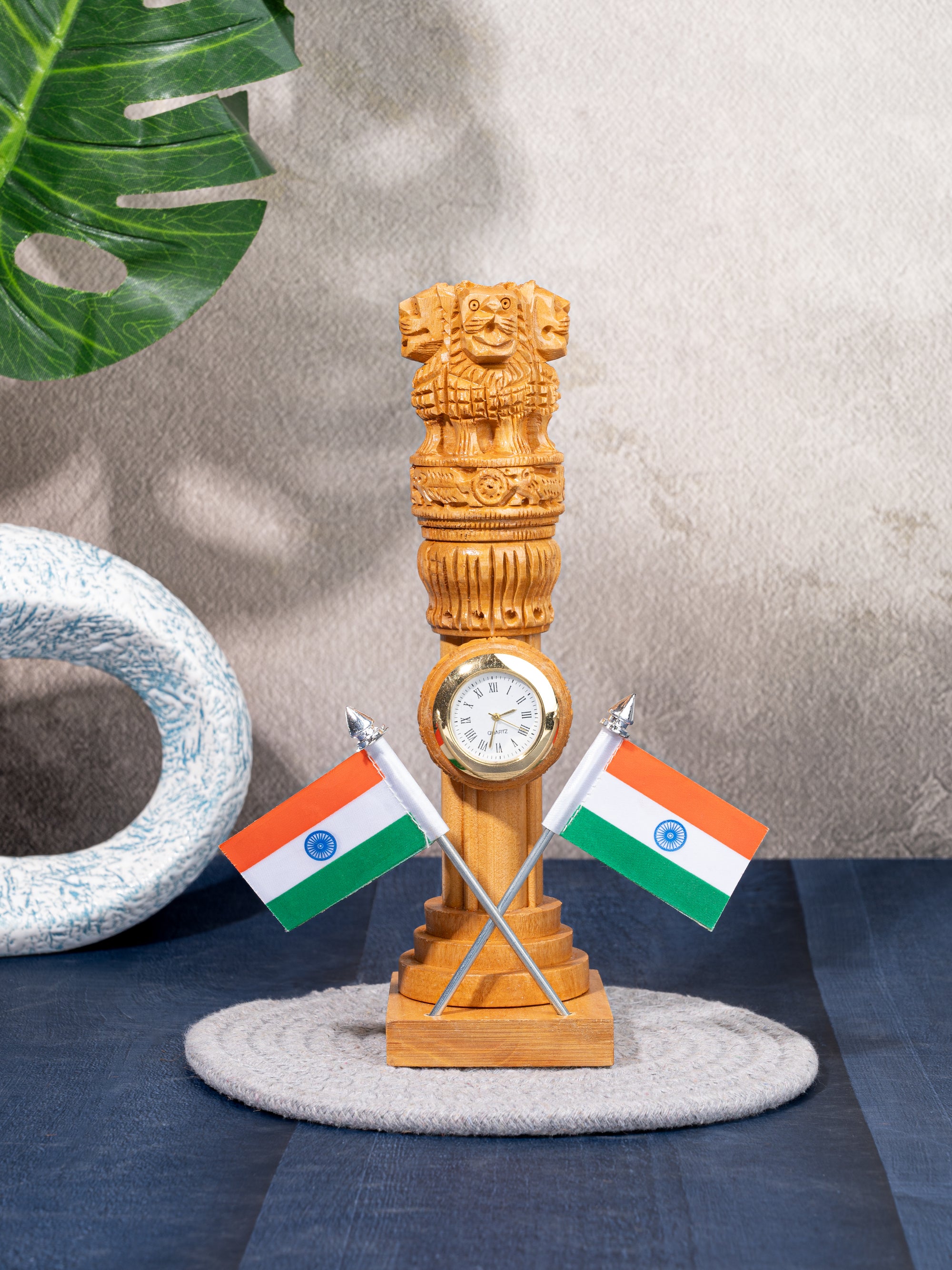 Kadam wood carved Ashoka pillar with Indian national flag for table decor - 10 inches