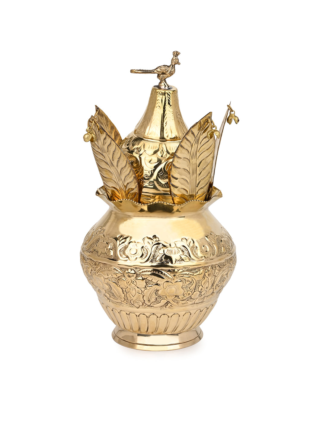 Brass crafted puja kalash with coconut and mango leaves - 10 inches
