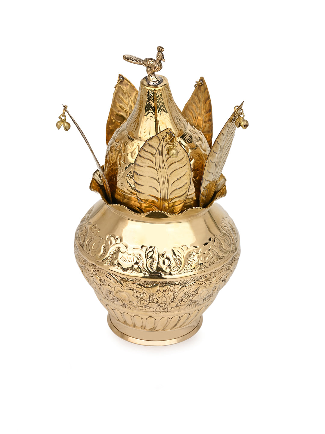 Brass crafted puja kalash with coconut and mango leaves - 10 inches