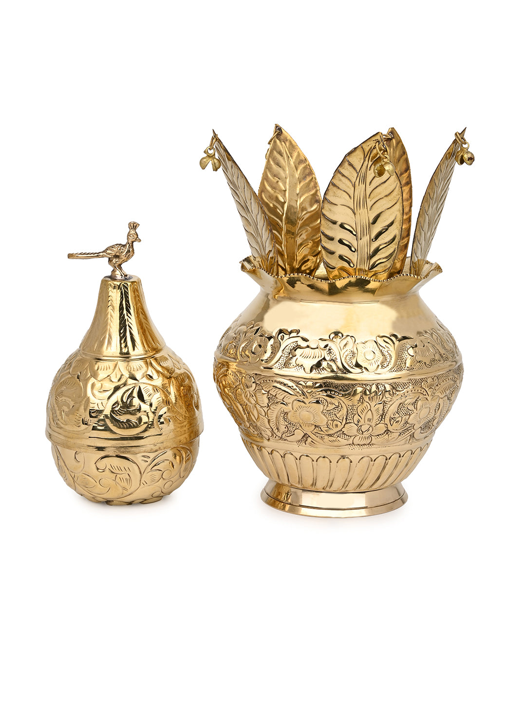 Brass crafted puja kalash with coconut and mango leaves - 10 inches