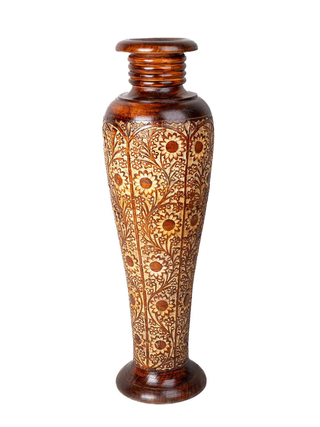 Tall and heavy Sheesham wood intricately crafted floor Vase - 3 ft height