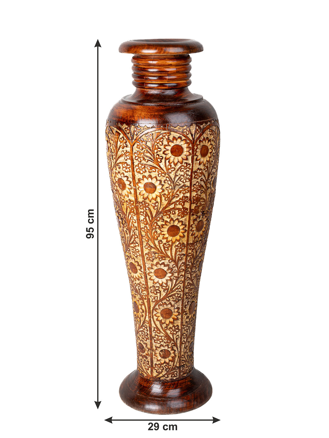 Tall and heavy Sheesham wood intricately crafted floor Vase - 3 ft height