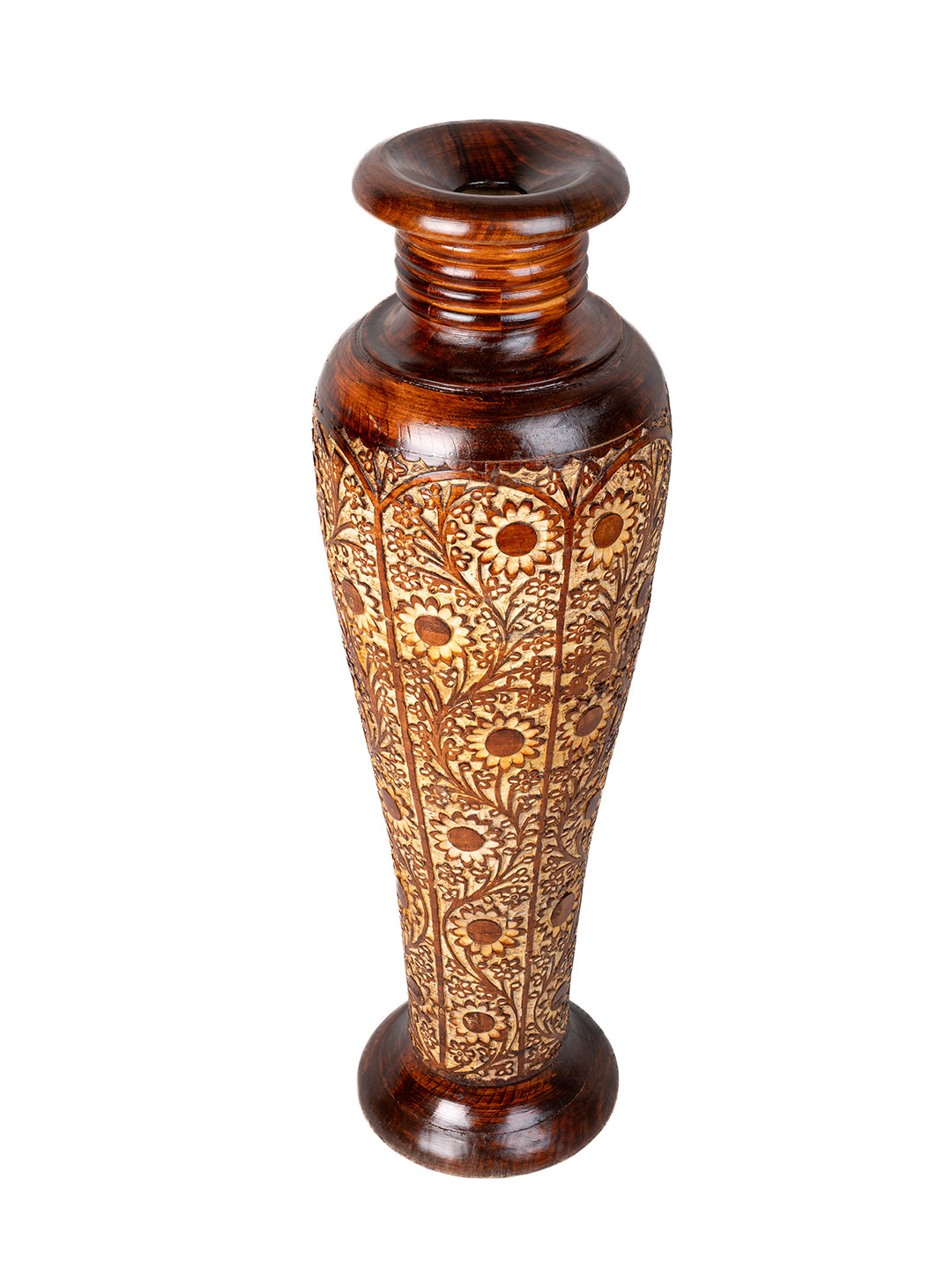 Tall and heavy Sheesham wood intricately crafted floor Vase - 3 ft height