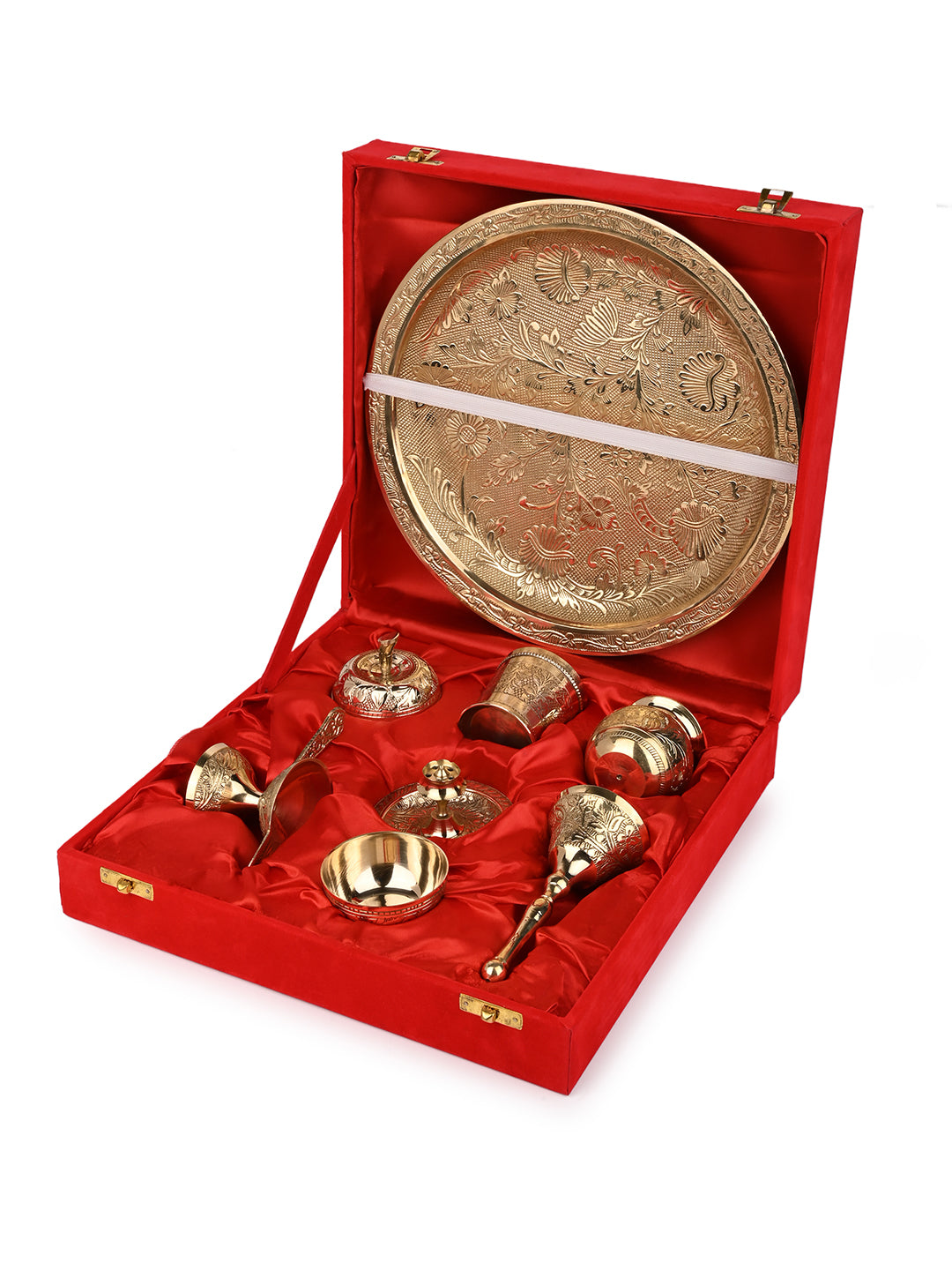Brass crafted 8 pieces Puja thali set for everyday puja and rituals - 10 inches