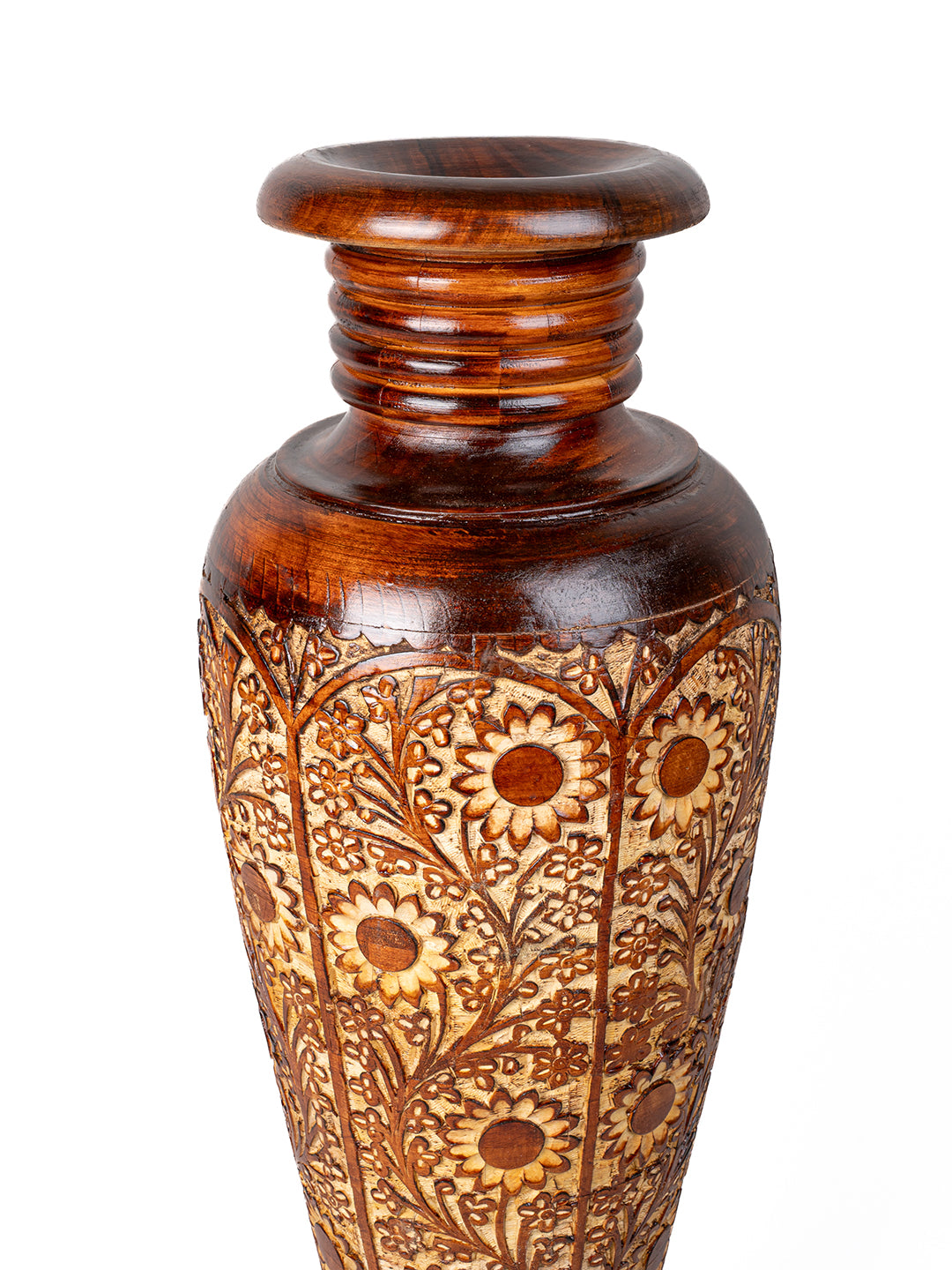 Tall and heavy Sheesham wood intricately crafted floor Vase - 3 ft height
