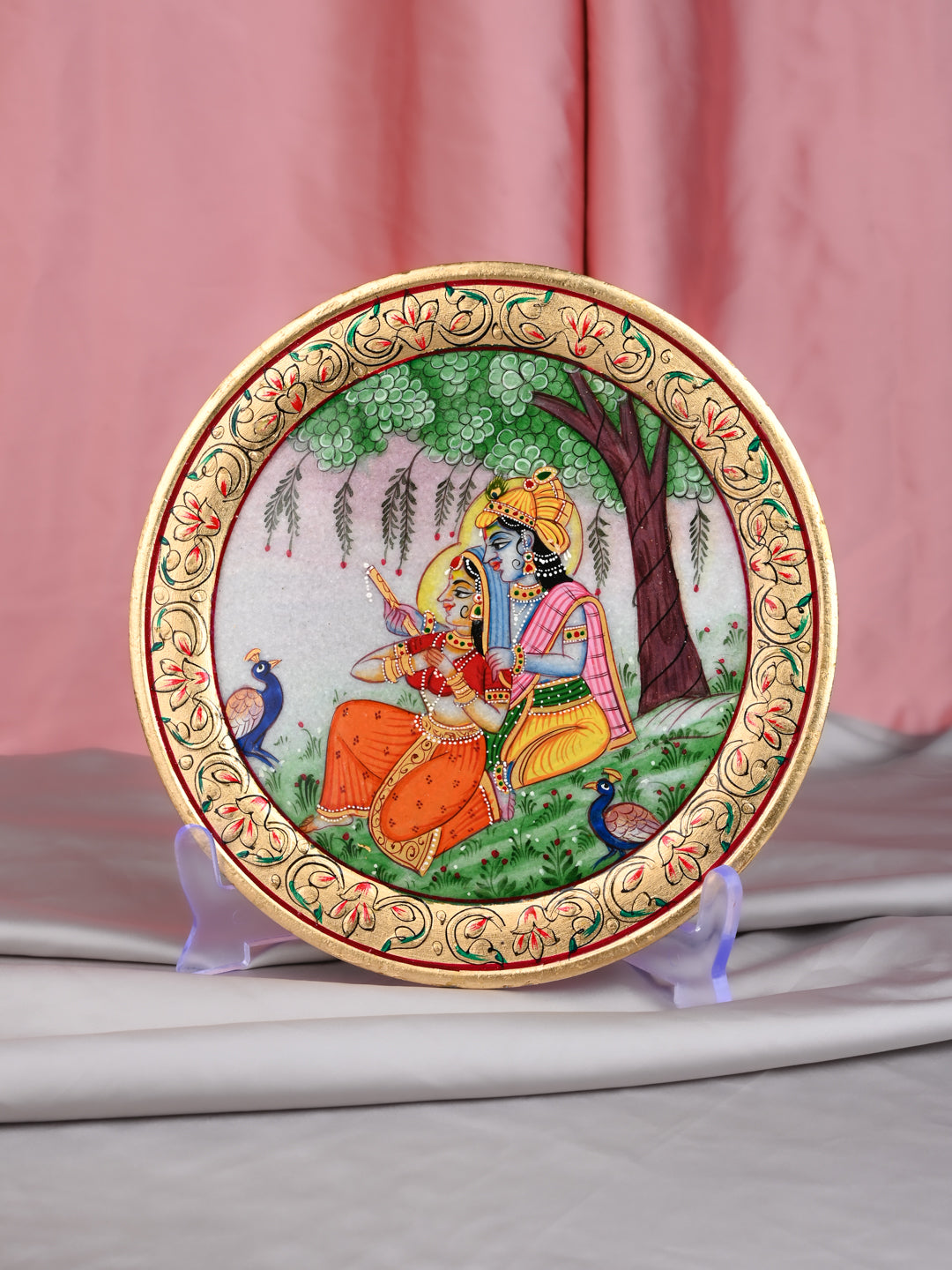 Meenakari Painting of Radha Krishna on White Marble Plate in a Gift Box - 9 inches in Assorted designs
