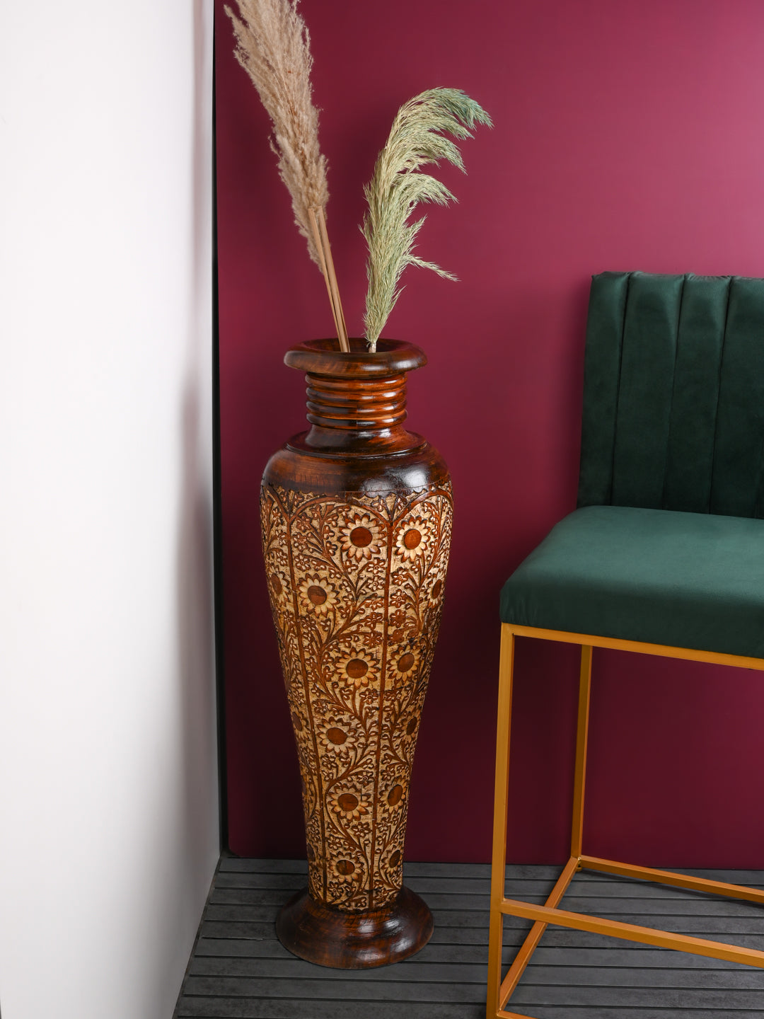 Tall and heavy Sheesham wood intricately crafted floor Vase - 3 ft height