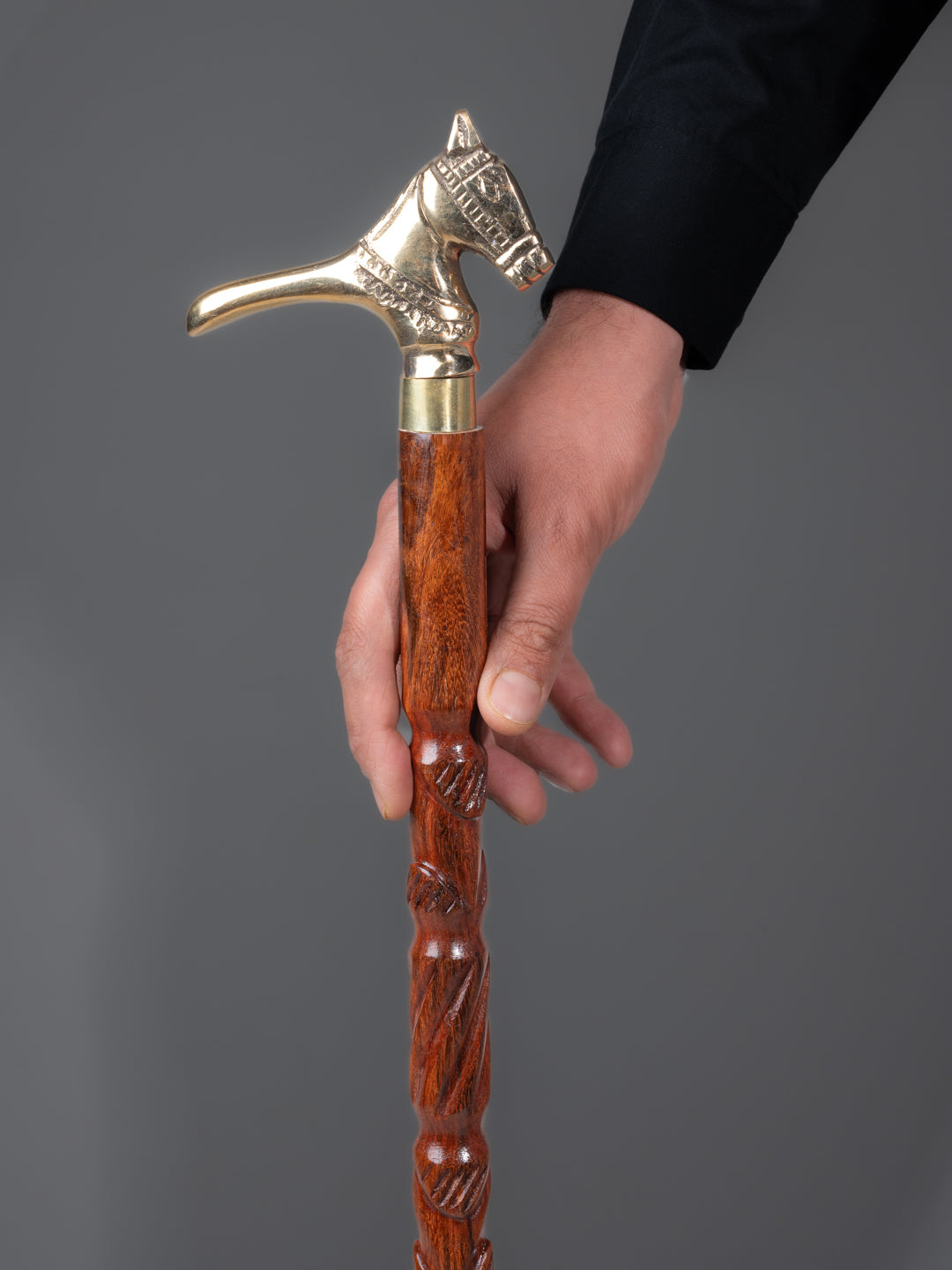 Shisham wood crafted brass horse head handle walking stick / cane - Easily detachable
