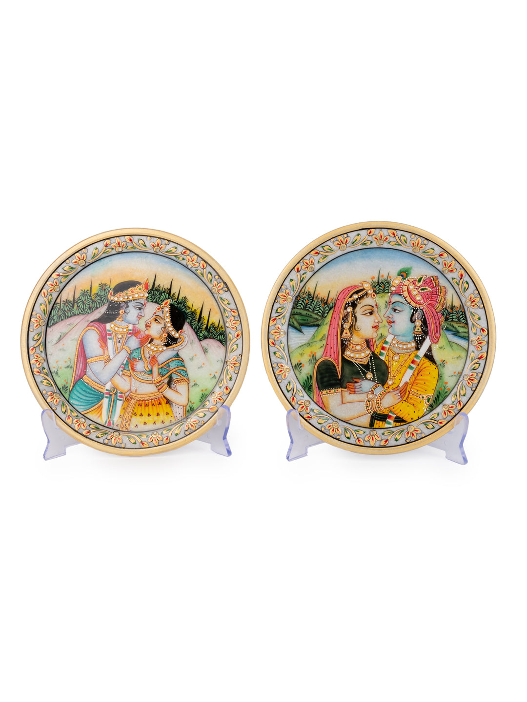 Meenakari Painting of Radha Krishna on White Marble Plate in a Gift Box - 9 inches in Assorted designs