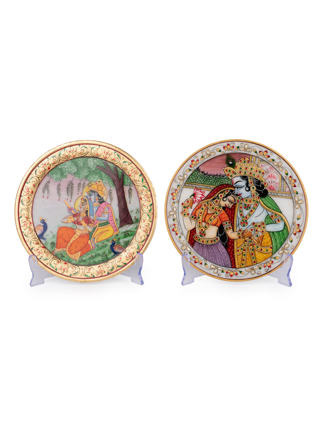 Meenakari Painting of Radha Krishna on White Marble Plate in a Gift Box - 9 inches in Assorted designs