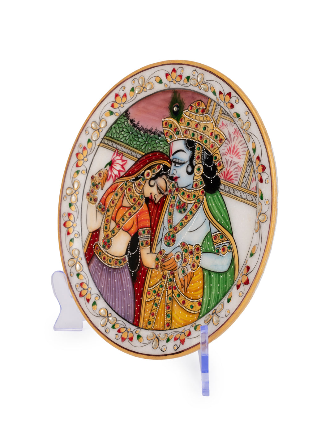 Meenakari Painting of Radha Krishna on White Marble Plate in a Gift Box - 9 inches in Assorted designs