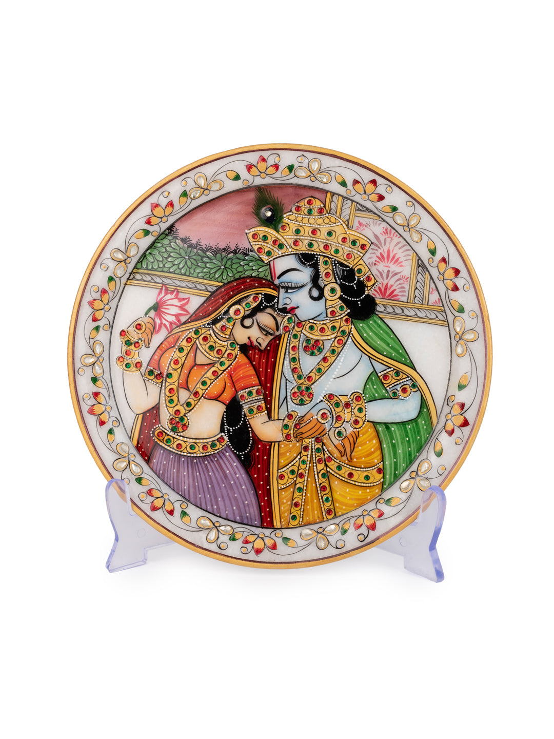 Meenakari Painting of Radha Krishna on White Marble Plate in a Gift Box - 9 inches in Assorted designs