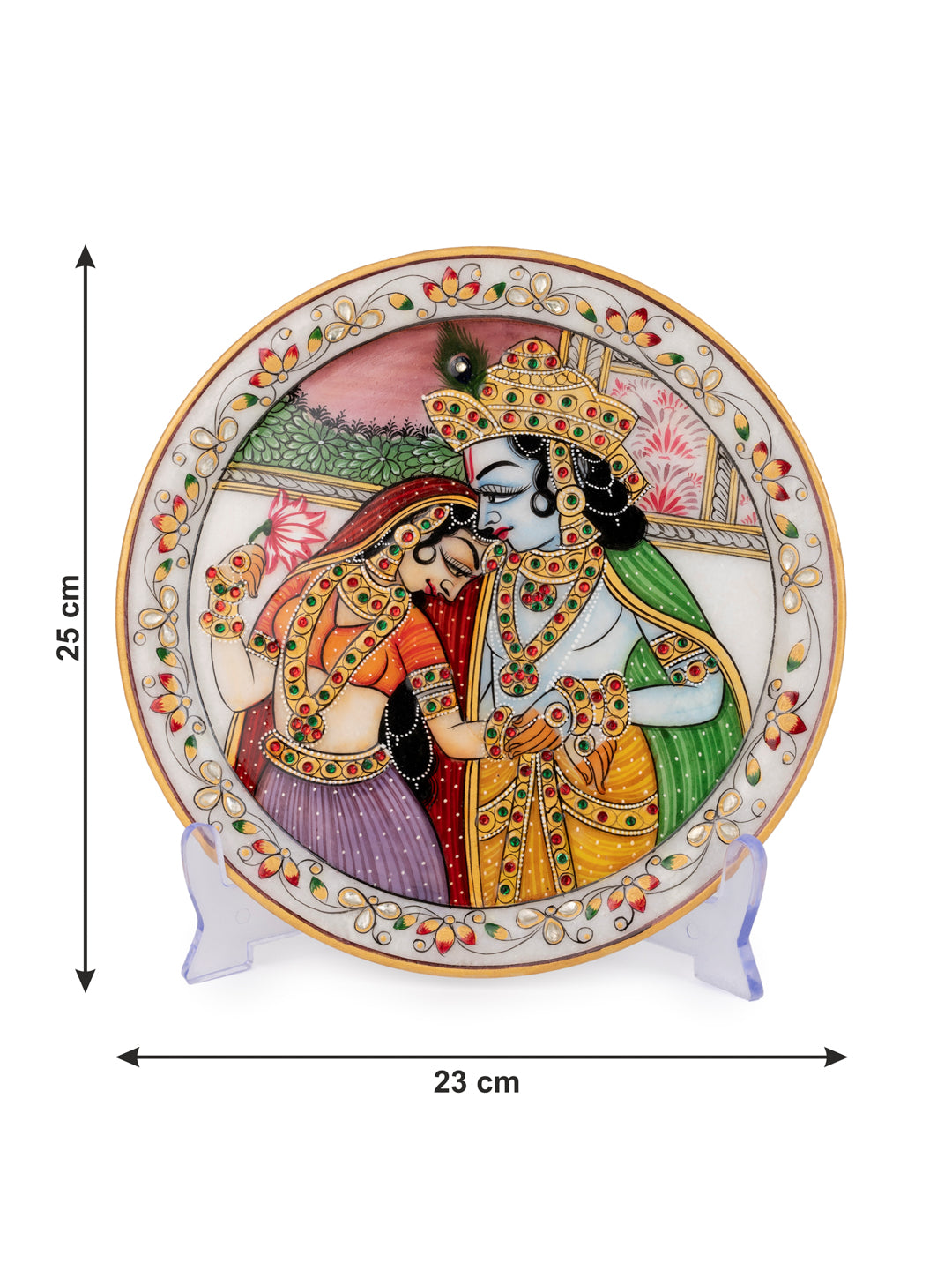 Meenakari Painting of Radha Krishna on White Marble Plate in a Gift Box - 9 inches in Assorted designs