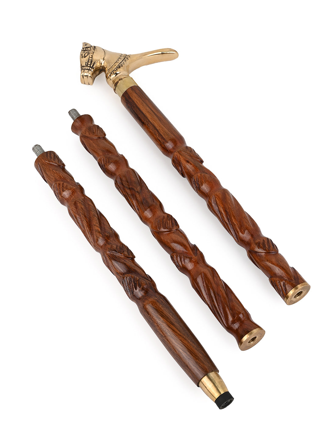Shisham wood crafted brass horse head handle walking stick / cane - Easily detachable