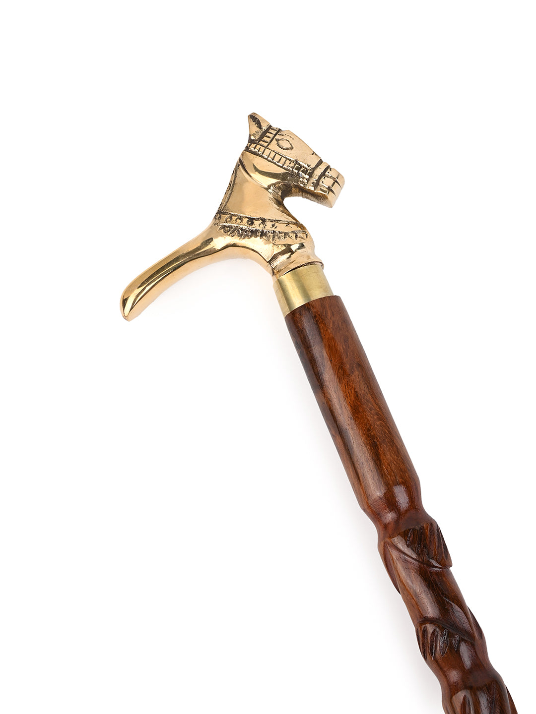 Shisham wood crafted brass horse head handle walking stick / cane - Easily detachable